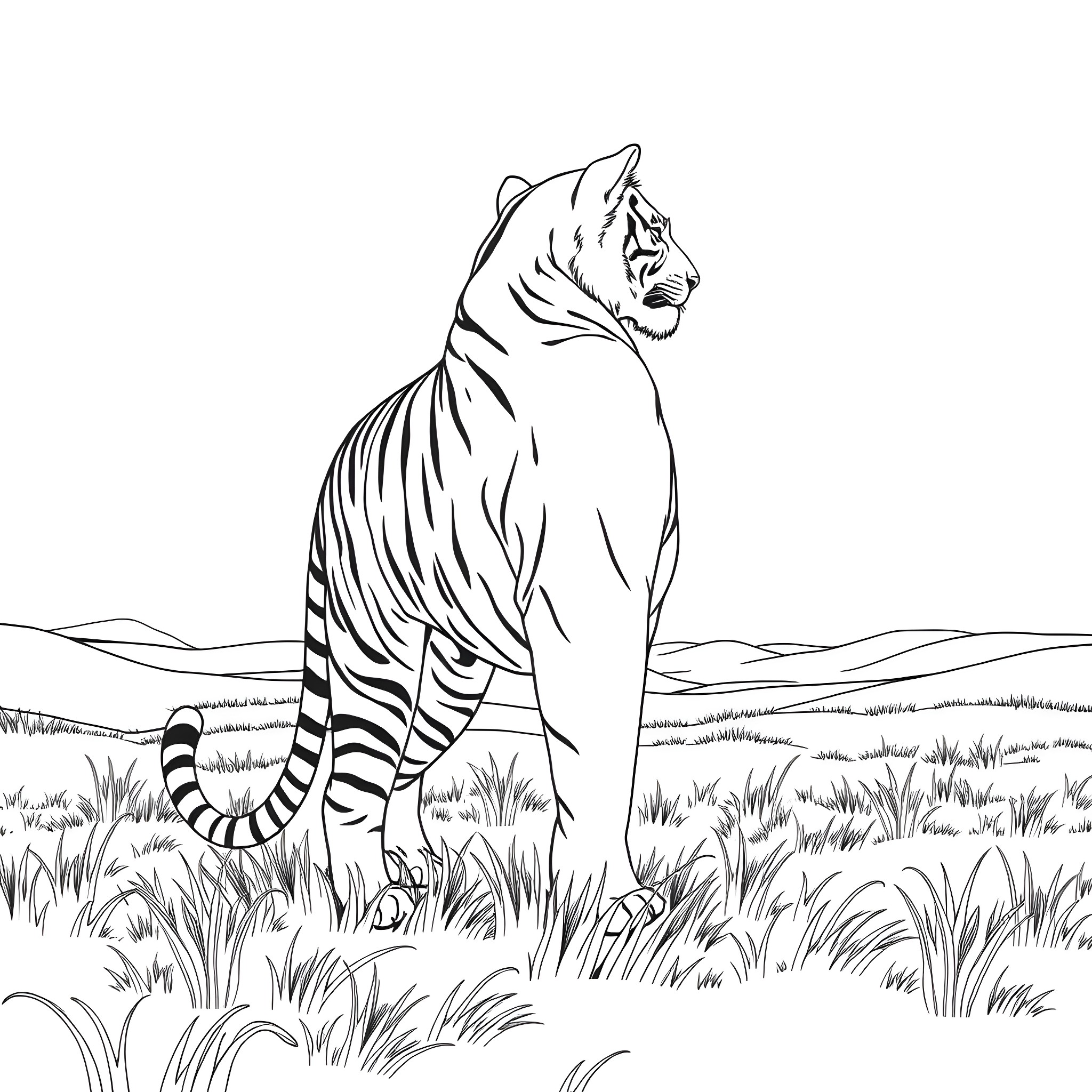 Tiger standing tall in a grassy field Coloring Page (free black-and-white line drawing printable PDF for all, from beginners to advanced learners, including children, teens, adults, and seniors)