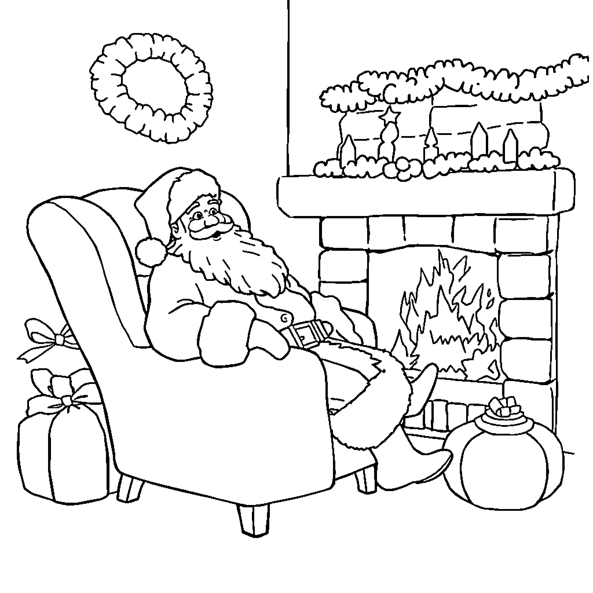 Santa relaxing by the fireplace with gifts Coloring Page (free black-and-white line drawing printable PDF for all, from beginners to advanced learners, including children, teens, adults, and seniors)