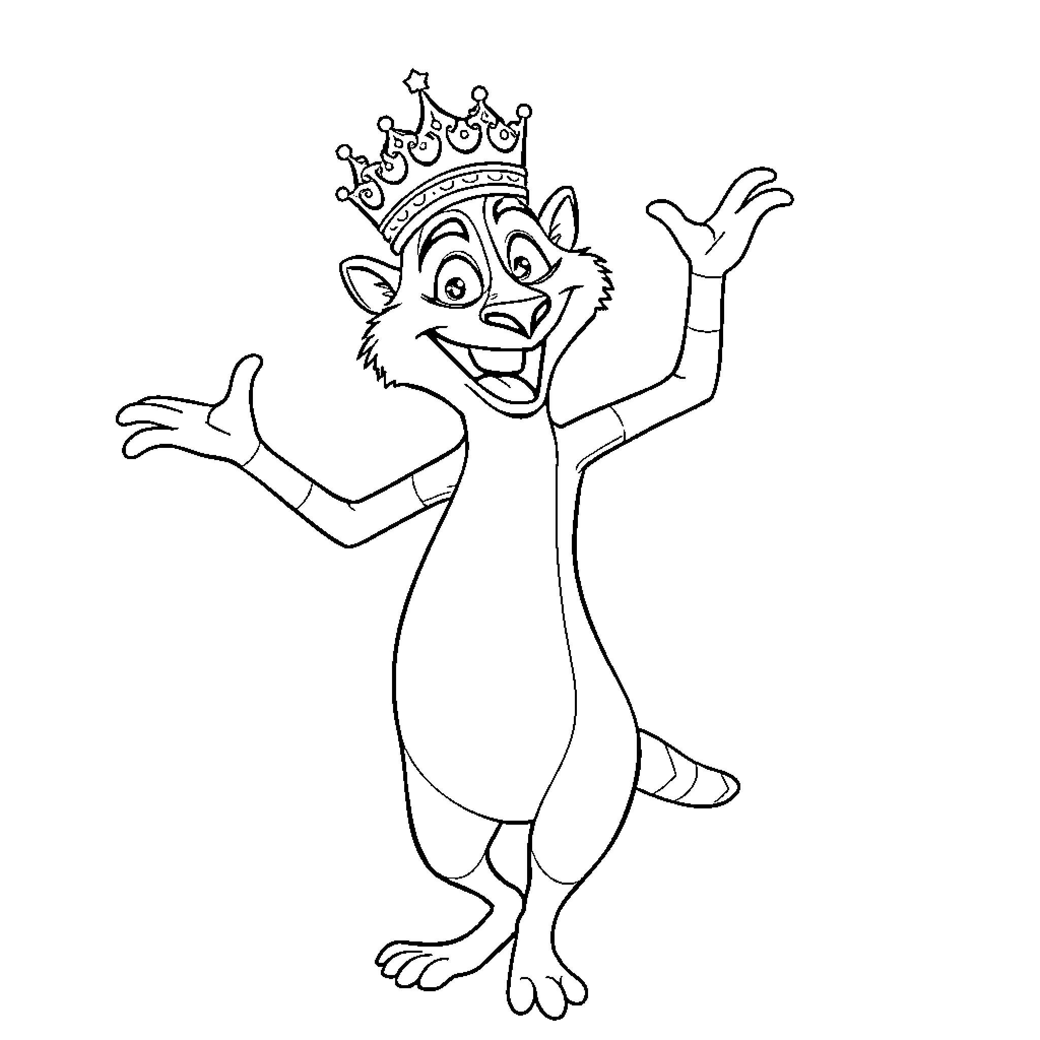 King Julien dancing and celebrating happily Coloring Page (free black-and-white line drawing printable PDF for all, from beginners to advanced learners, including children, teens, adults, and seniors)