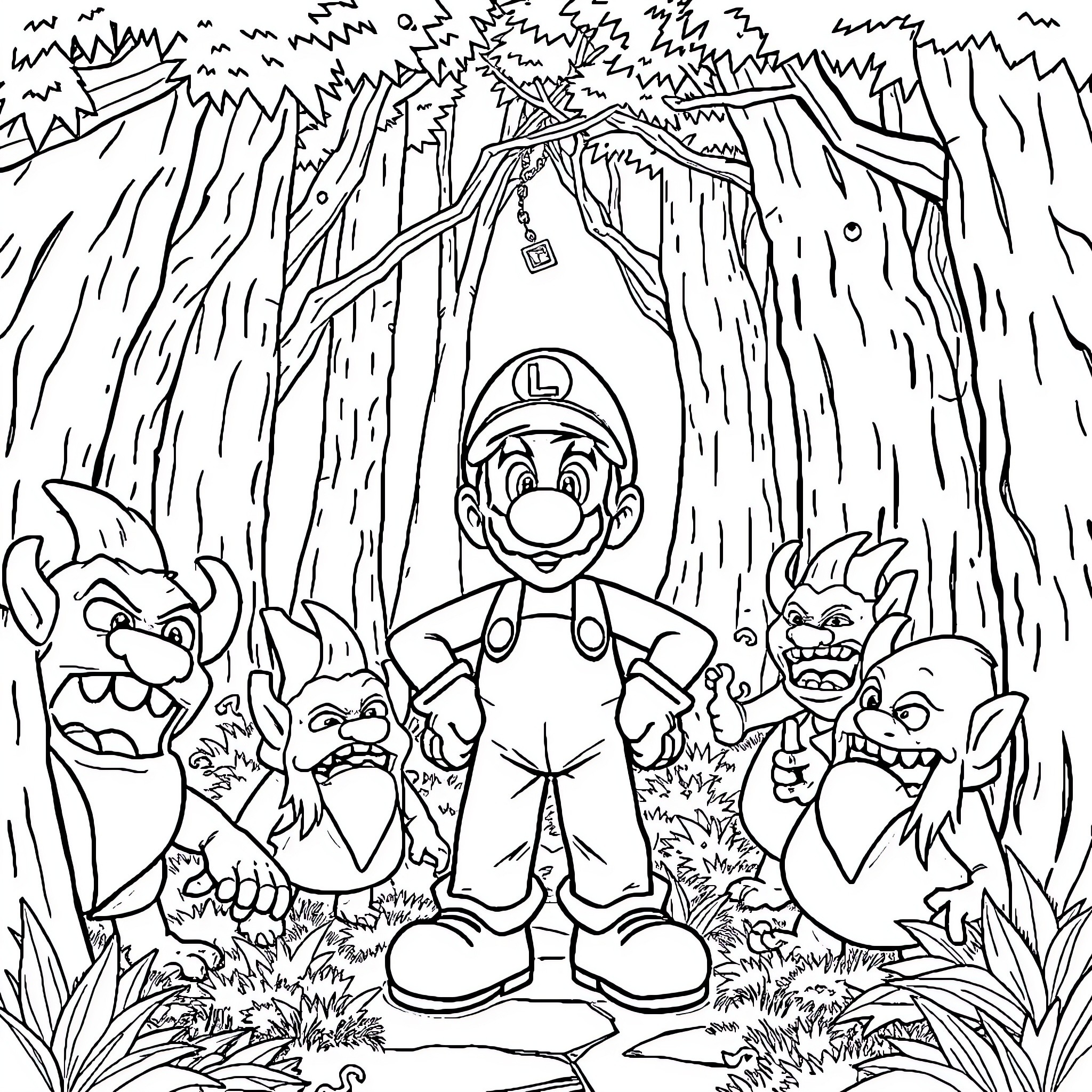 Luigi's Adventure in the Enchanted Forest Coloring Page (free black-and-white line drawing printable PDF for all, from beginners to advanced learners, including children, teens, adults, and seniors)