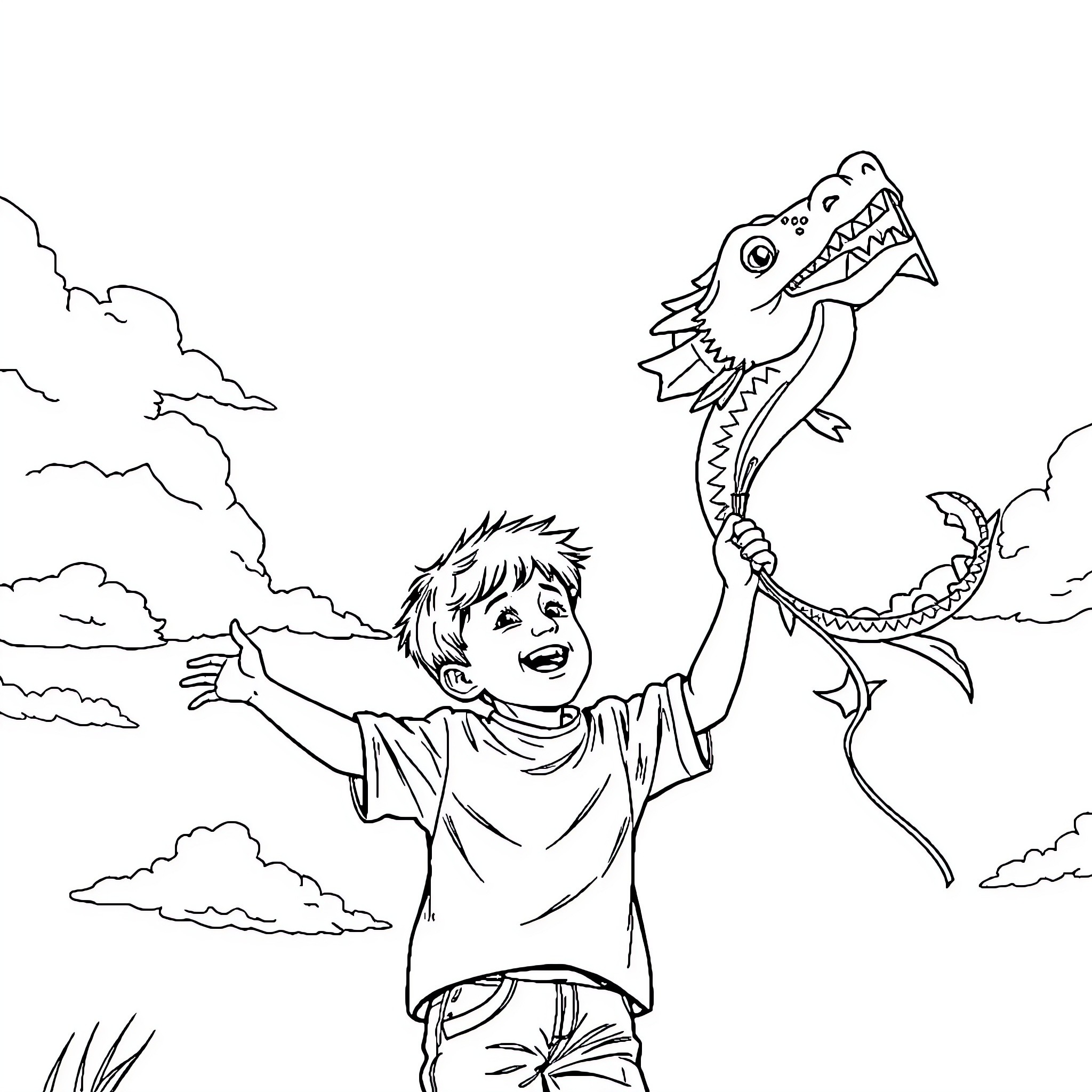 Boy happily playing with toy shark outdoors Coloring Page (free black-and-white line drawing printable PDF for all, from beginners to advanced learners, including children, teens, adults, and seniors)