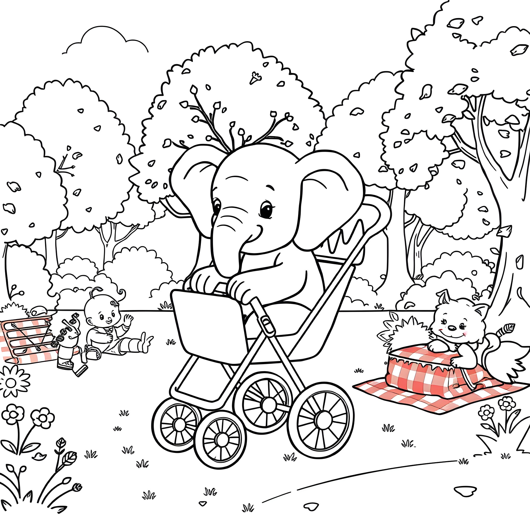 Elephant enjoying a stroll in the park with friends Coloring Page (free black-and-white line drawing printable PDF for all, from beginners to advanced learners, including children, teens, adults, and seniors)
