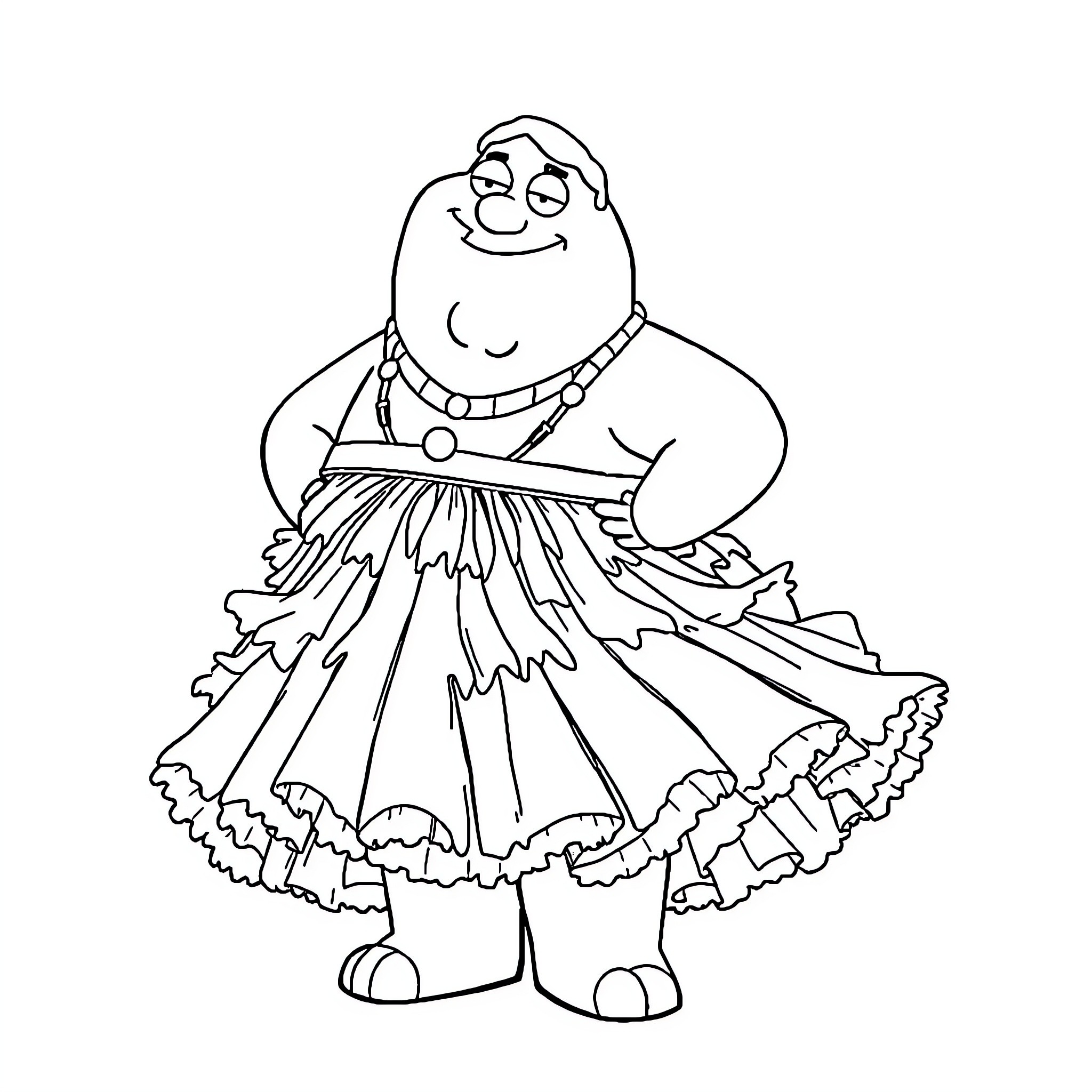 Peter Griffin dressed in a humorous and exaggerated outfit Coloring Page (free black-and-white line drawing printable PDF for all, from beginners to advanced learners, including children, teens, adults, and seniors)