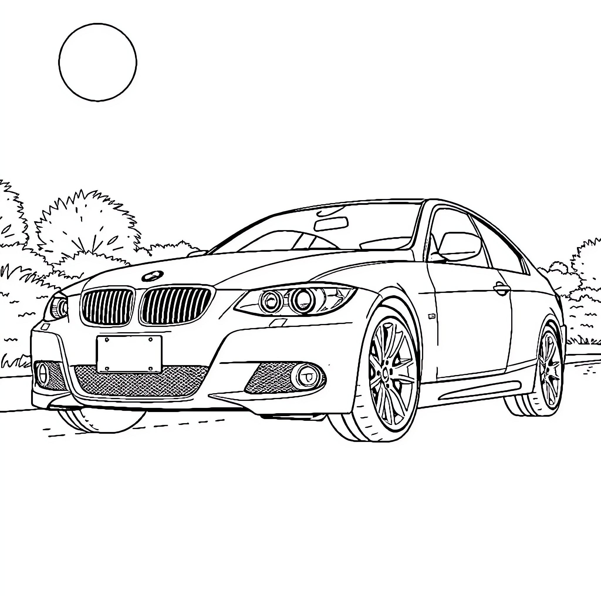 BMW luxury sedan driving on open road Coloring Page (free black-and-white line drawing printable PDF for all, from beginners to advanced learners, including children, teens, adults, and seniors)