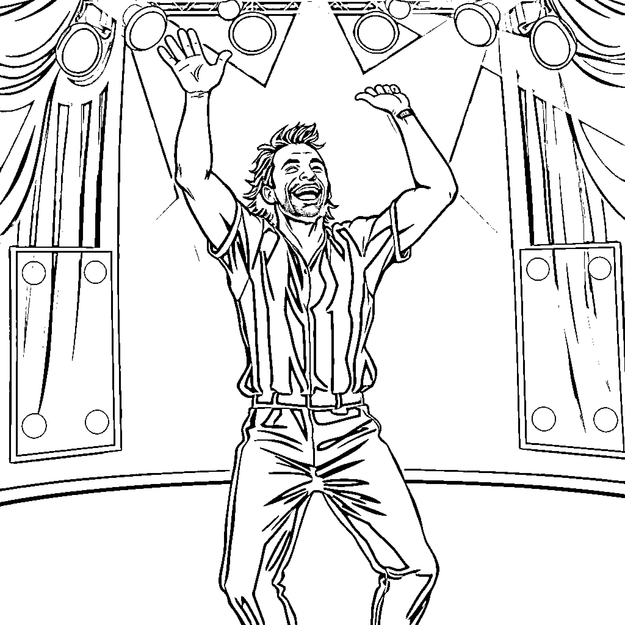 Zlatan's Energetic Performance on Stage Coloring Page (free black-and-white line drawing printable PDF for all, from beginners to advanced learners, including children, teens, adults, and seniors)