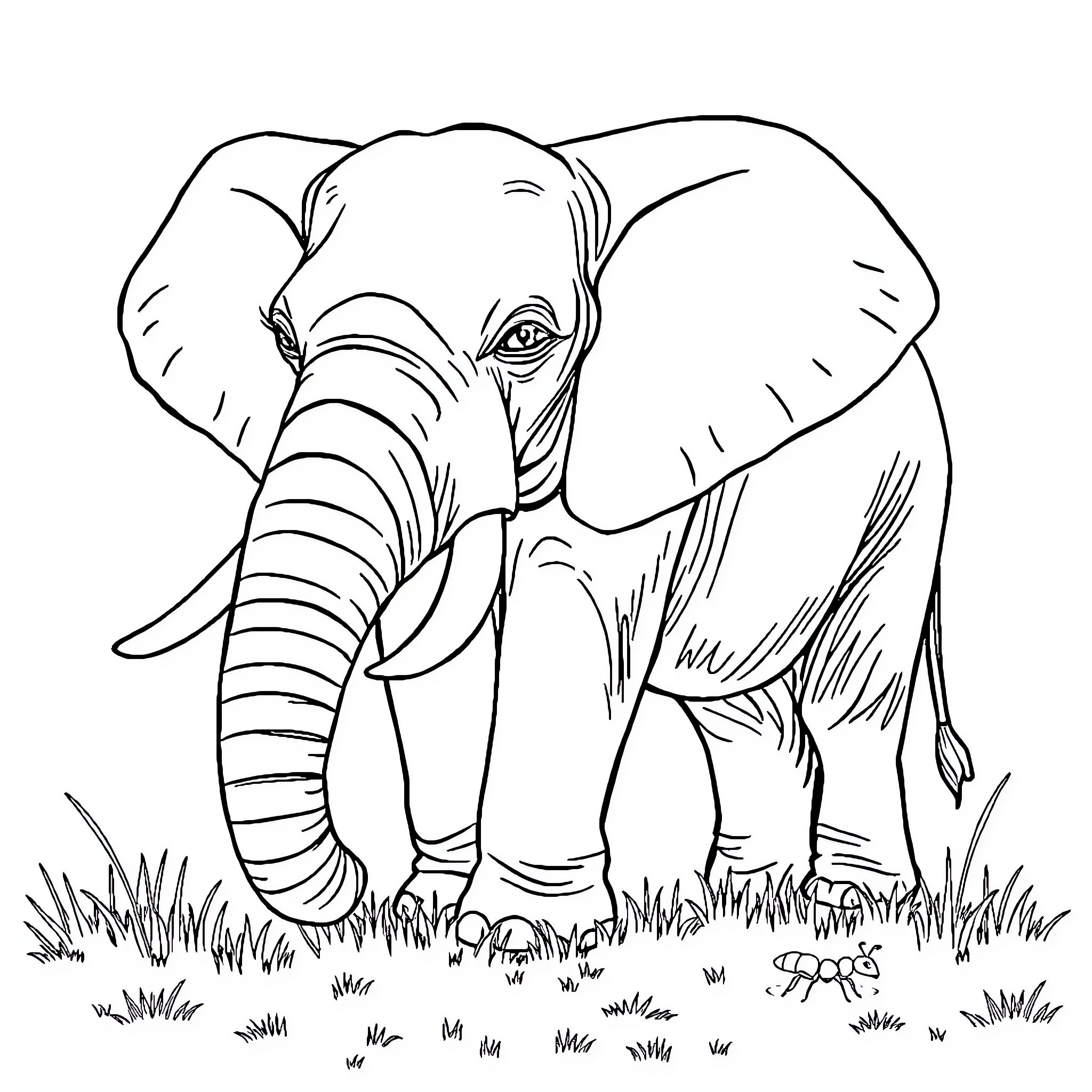 Elephant standing proud in the grasslands Coloring Page (free black-and-white line drawing printable PDF for all, from beginners to advanced learners, including children, teens, adults, and seniors)