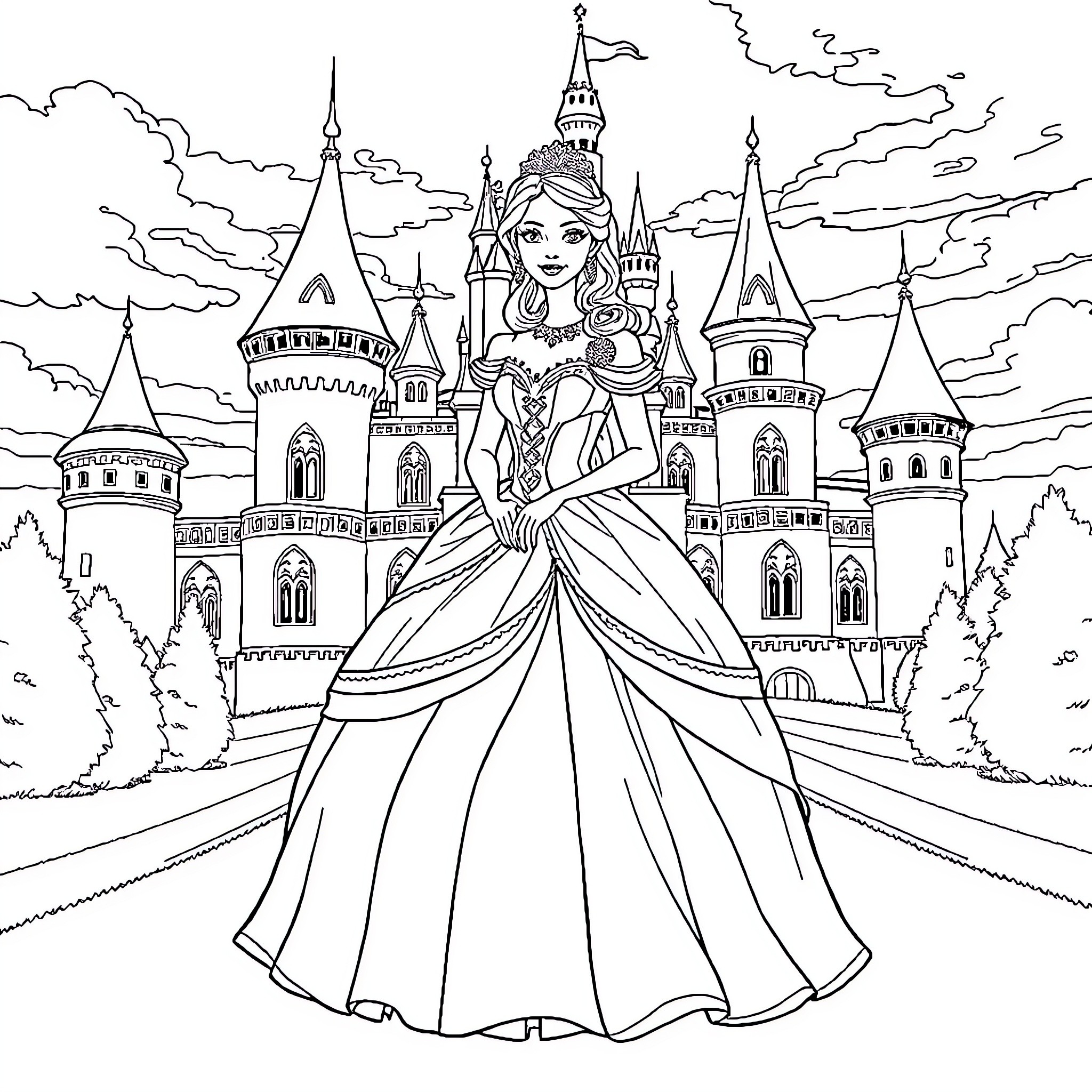 Cinderella in a grand castle fairytale scene Coloring Page (free black-and-white line drawing printable PDF for all, from beginners to advanced learners, including children, teens, adults, and seniors)