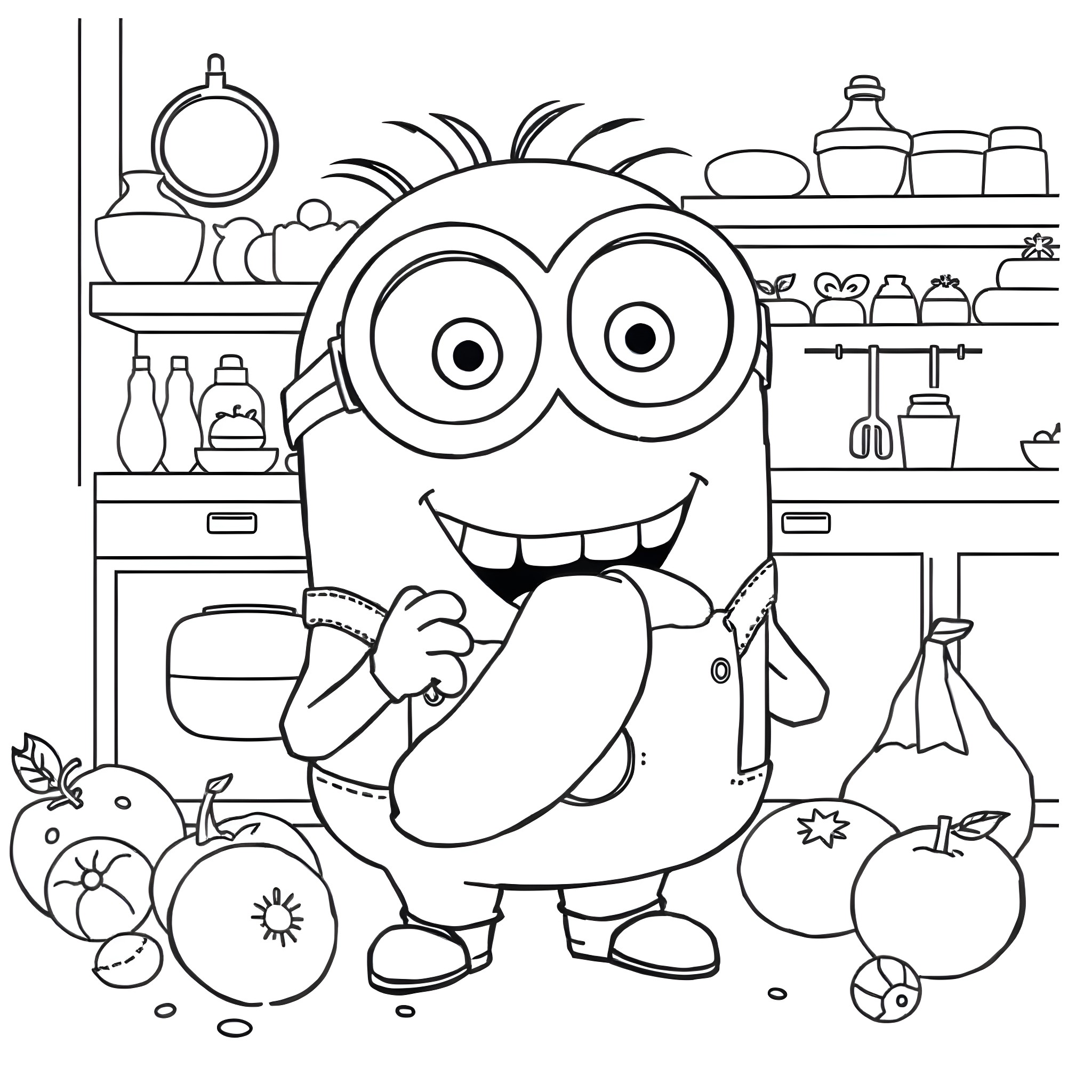 Minion shopping happily in the kitchen Coloring Page (free black-and-white line drawing printable PDF for all, from beginners to advanced learners, including children, teens, adults, and seniors)