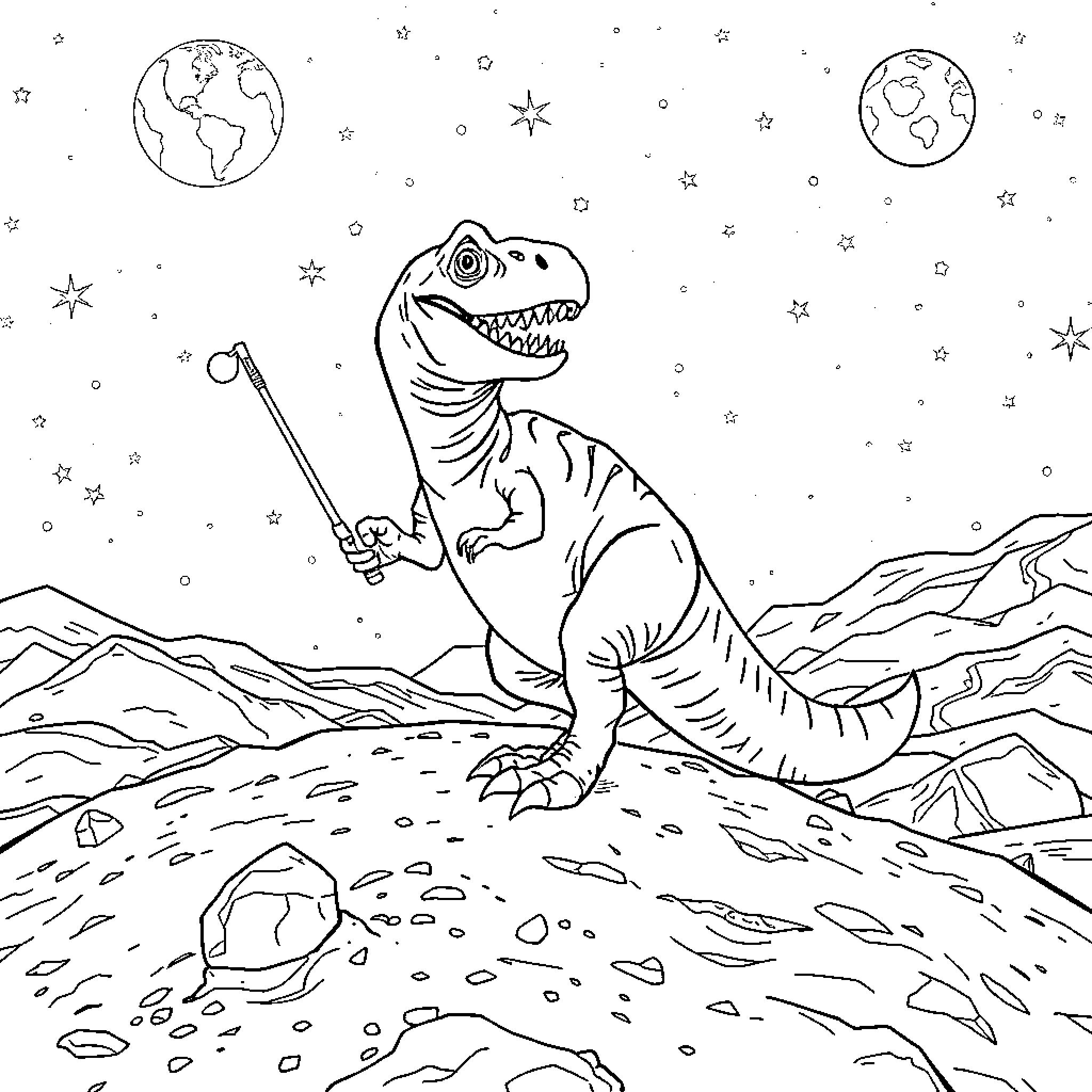 T-Rex Exploring the Cosmic Landscape Coloring Page (free black-and-white line drawing printable PDF for all, from beginners to advanced learners, including children, teens, adults, and seniors)