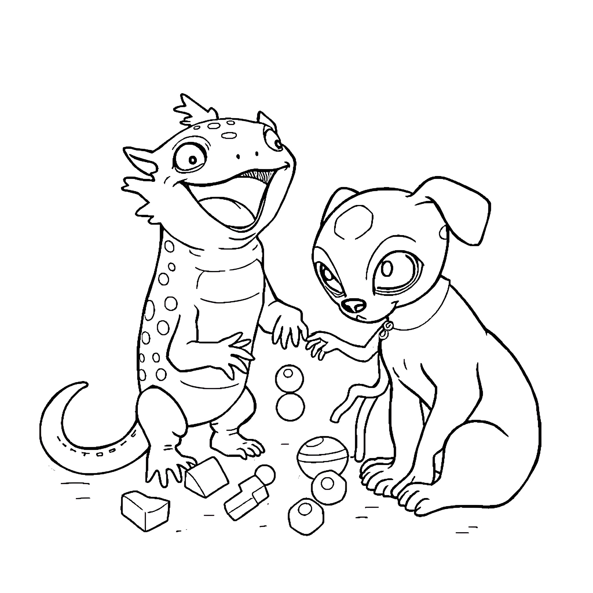 Axolotl and puppy playing with toys Coloring Page (free black-and-white line drawing printable PDF for all, from beginners to advanced learners, including children, teens, adults, and seniors)