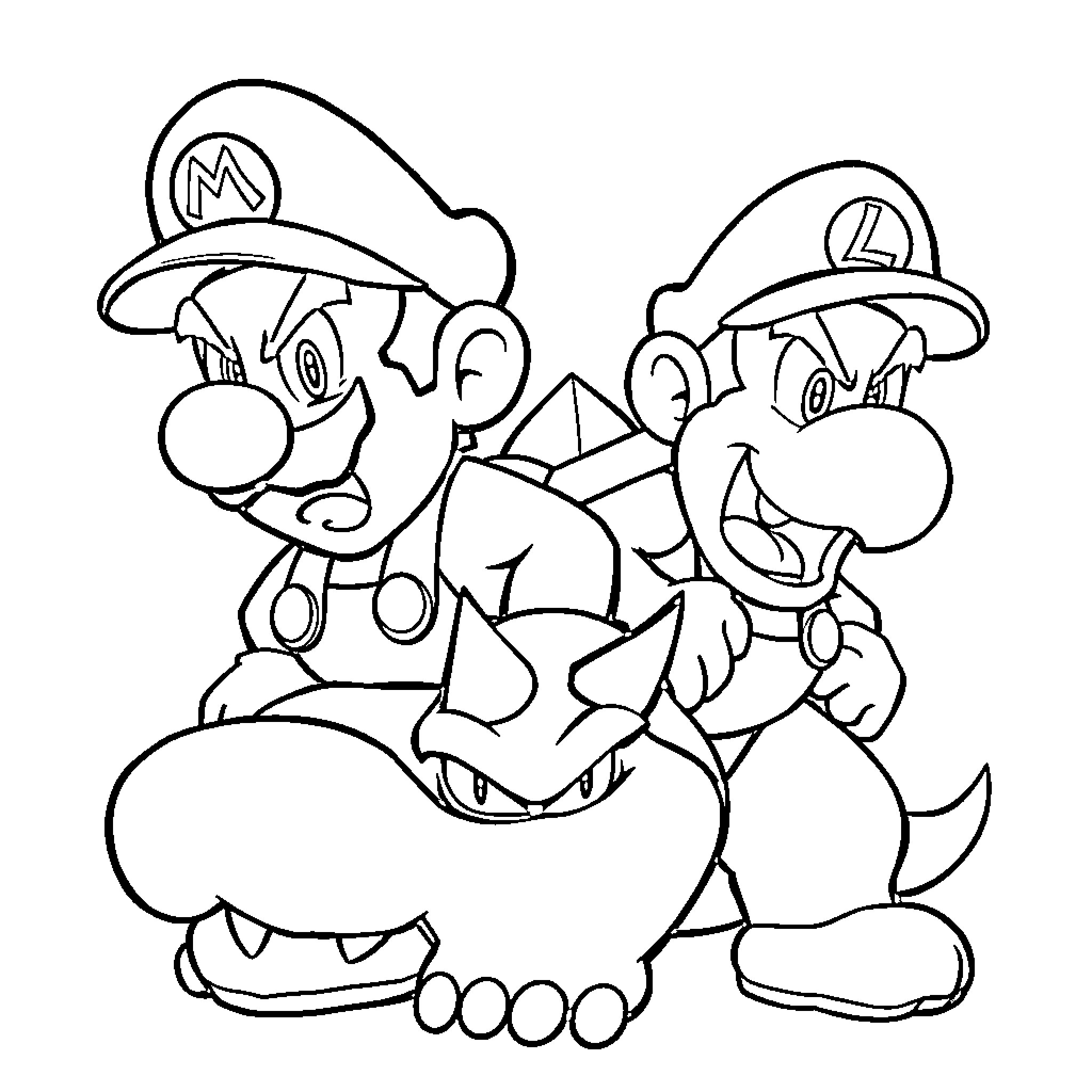Mario and Luigi in playful adventure Coloring Page (free black-and-white line drawing printable PDF for all, from beginners to advanced learners, including children, teens, adults, and seniors)