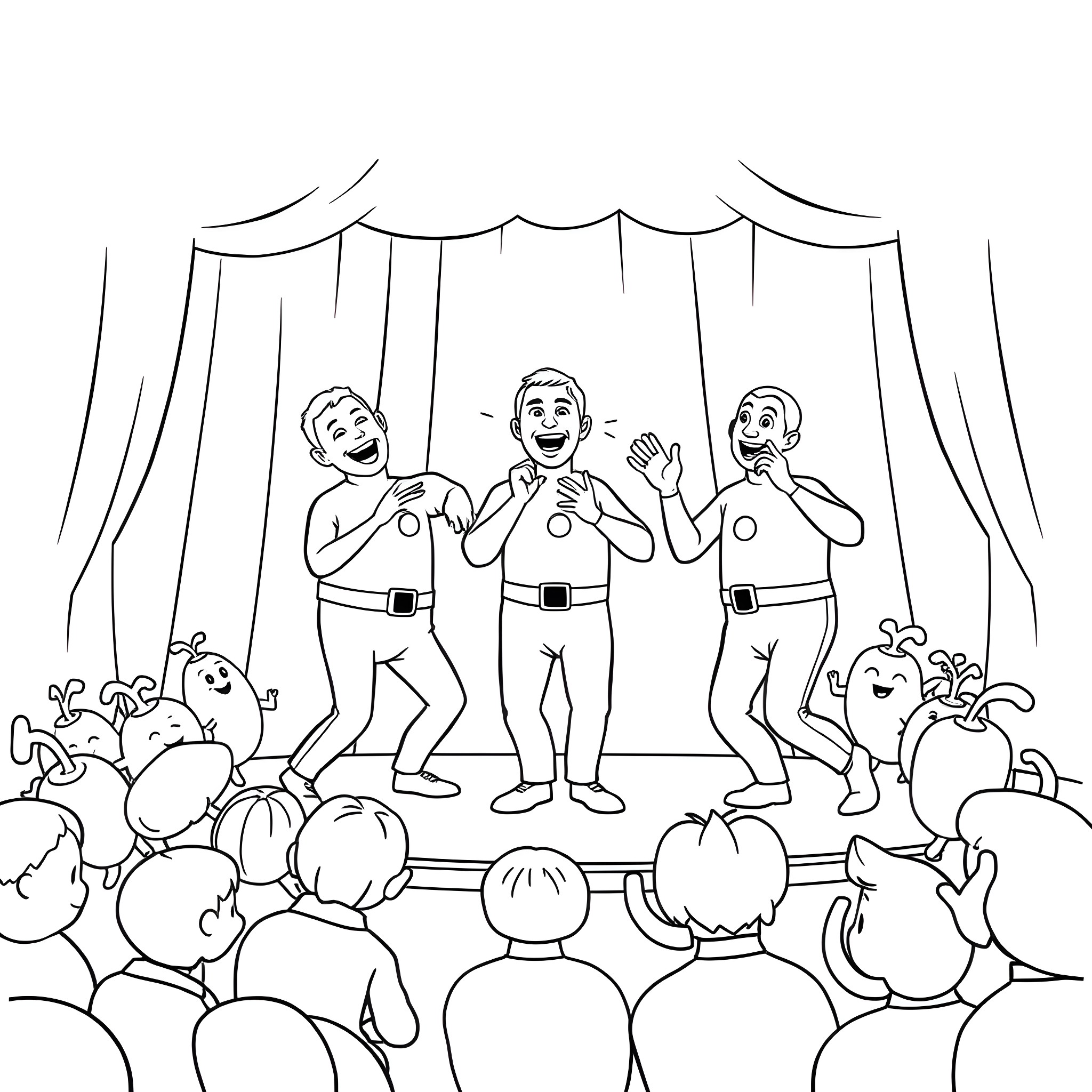 Wiggles performing on stage for an audience Coloring Page (free black-and-white line drawing printable PDF for all, from beginners to advanced learners, including children, teens, adults, and seniors)