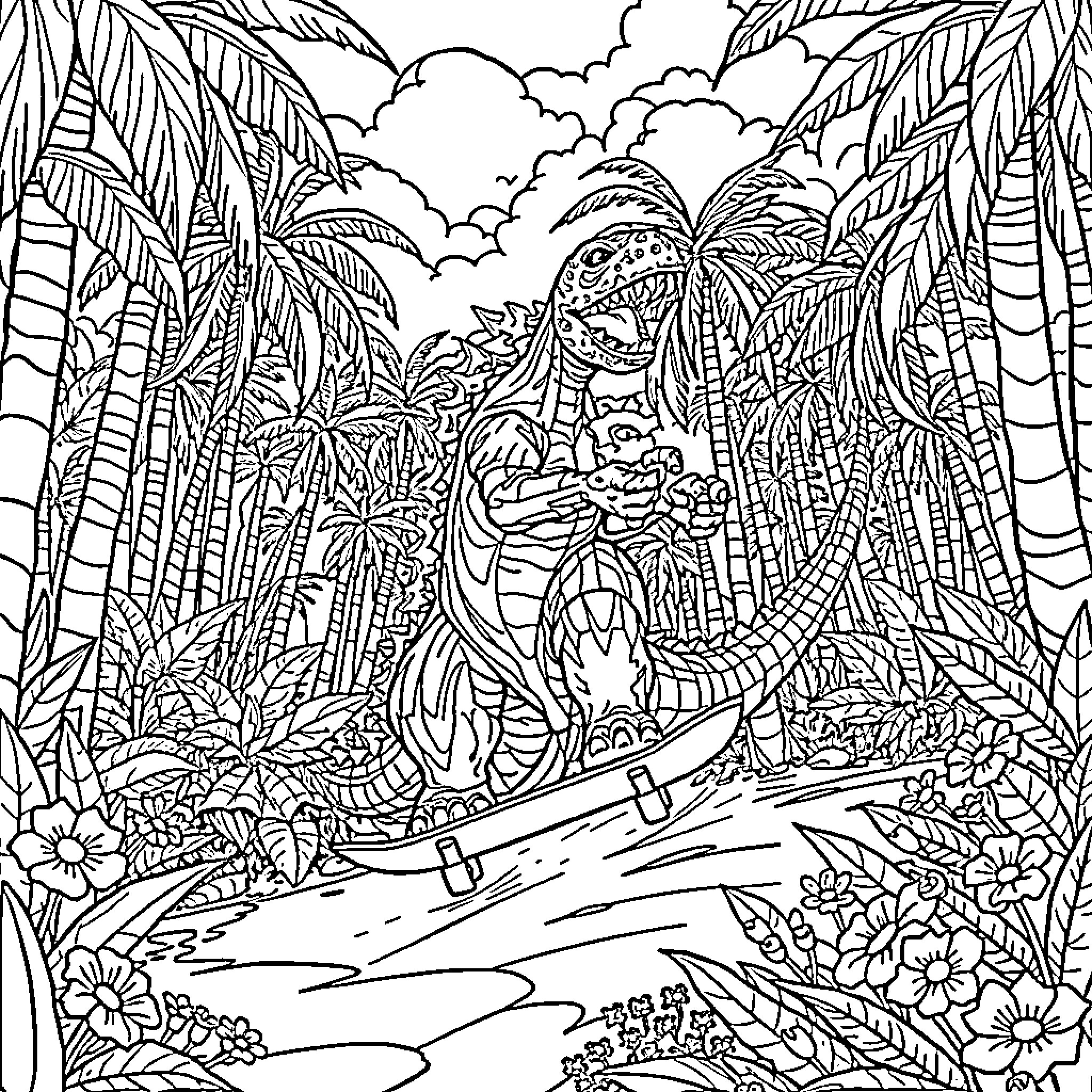 Godzilla Stomping Through Lush Tropical Jungle Coloring Page (free black-and-white line drawing printable PDF for all, from beginners to advanced learners, including children, teens, adults, and seniors)