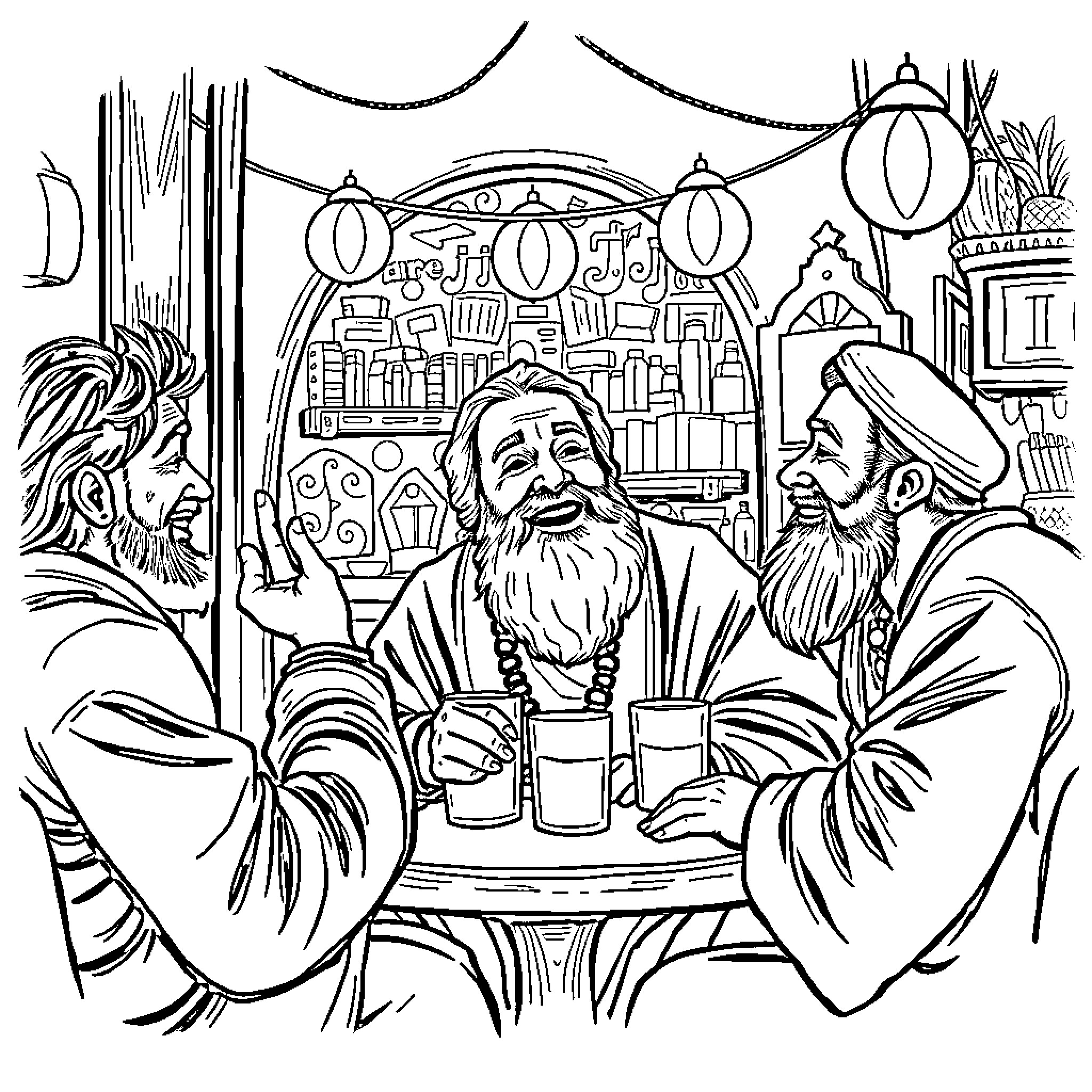 Rumi's Cozy Conversation with Companions Coloring Page (free black-and-white line drawing printable PDF for all, from beginners to advanced learners, including children, teens, adults, and seniors)