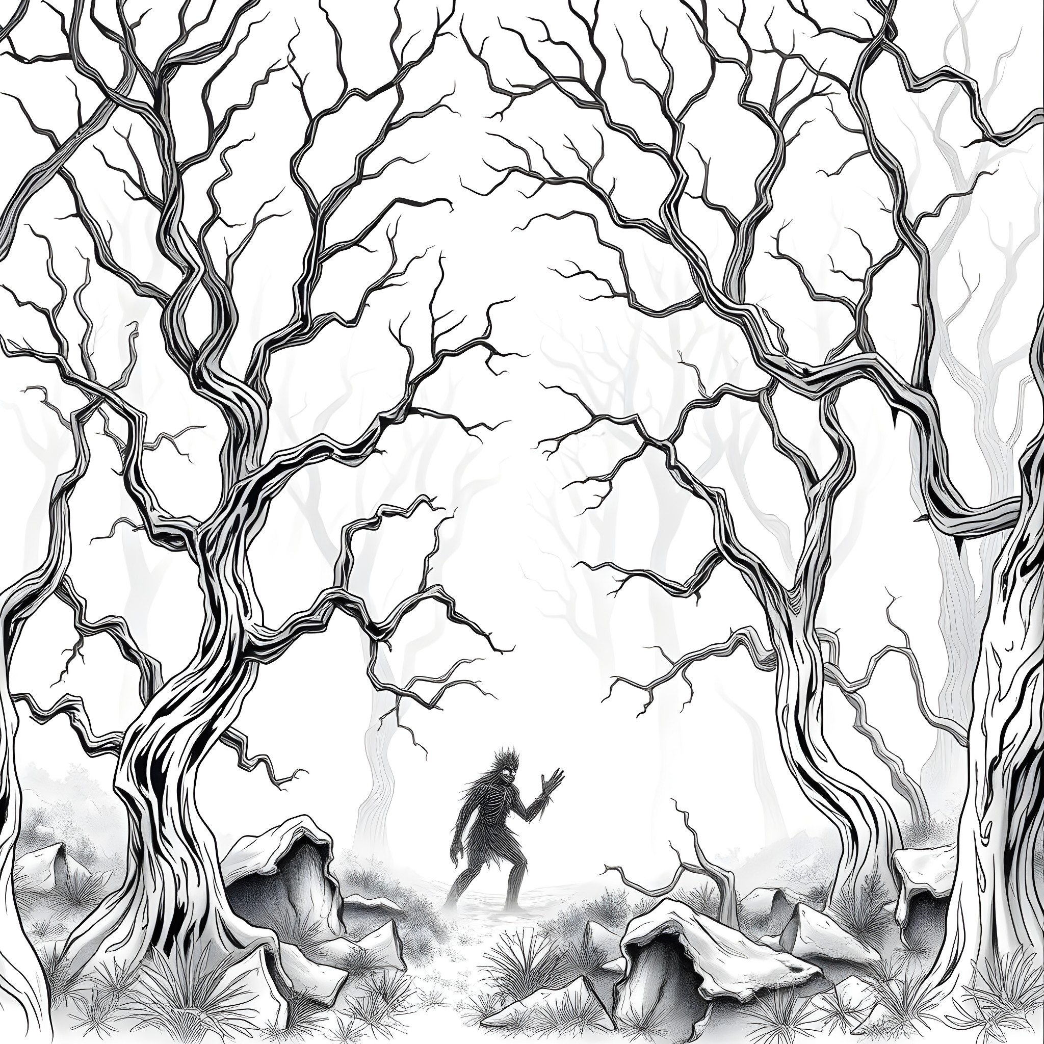 Wendigo lurking in the twisted, barren forest Coloring Page (free black-and-white line drawing printable PDF for all, from beginners to advanced learners, including children, teens, adults, and seniors)