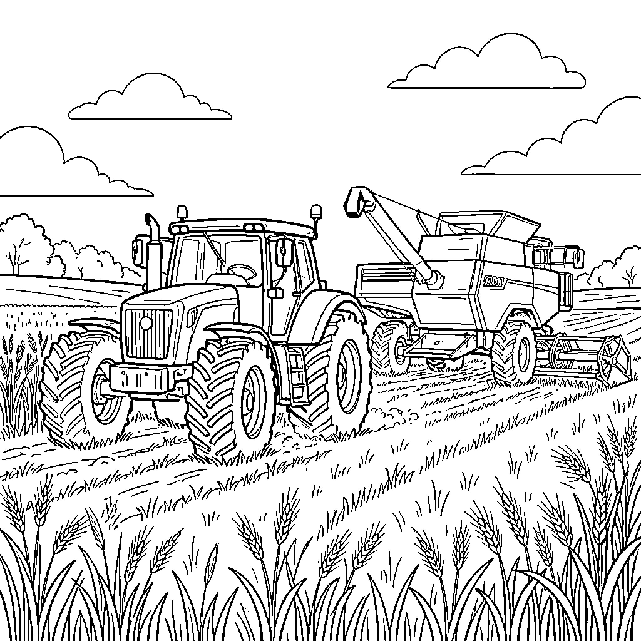 Tracteur and harvester working in a large wheat field Coloring Page (free black-and-white line drawing printable PDF for all, from beginners to advanced learners, including children, teens, adults, and seniors)