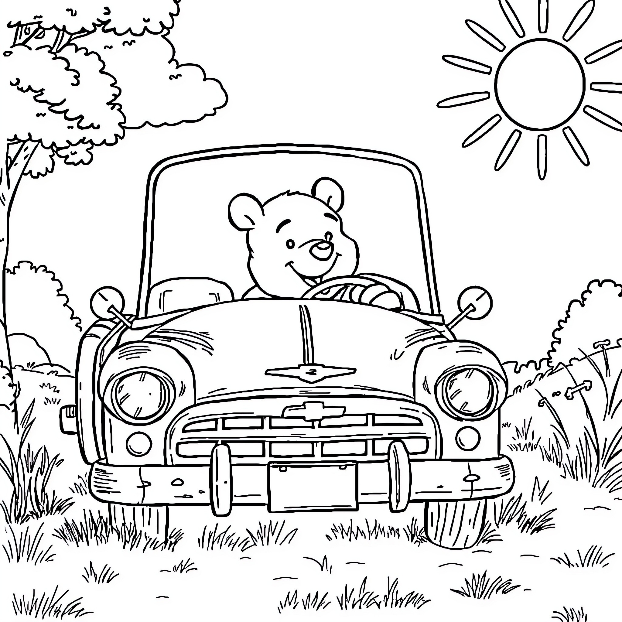 Winnie The Pooh driving a vintage car in nature Coloring Page (free black-and-white line drawing printable PDF for all, from beginners to advanced learners, including children, teens, adults, and seniors)