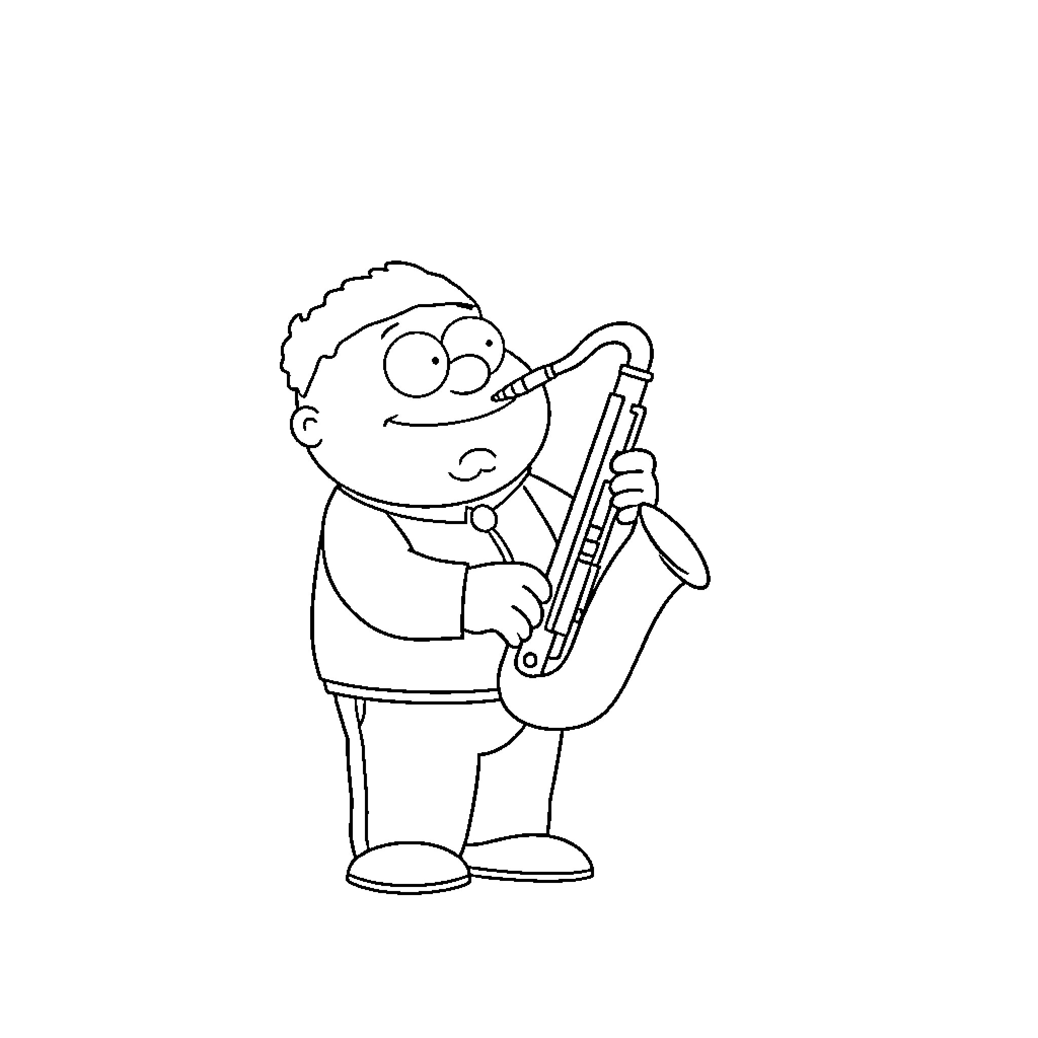 Cartman playing with a saxophone Coloring Page (free black-and-white line drawing printable PDF for all, from beginners to advanced learners, including children, teens, adults, and seniors)