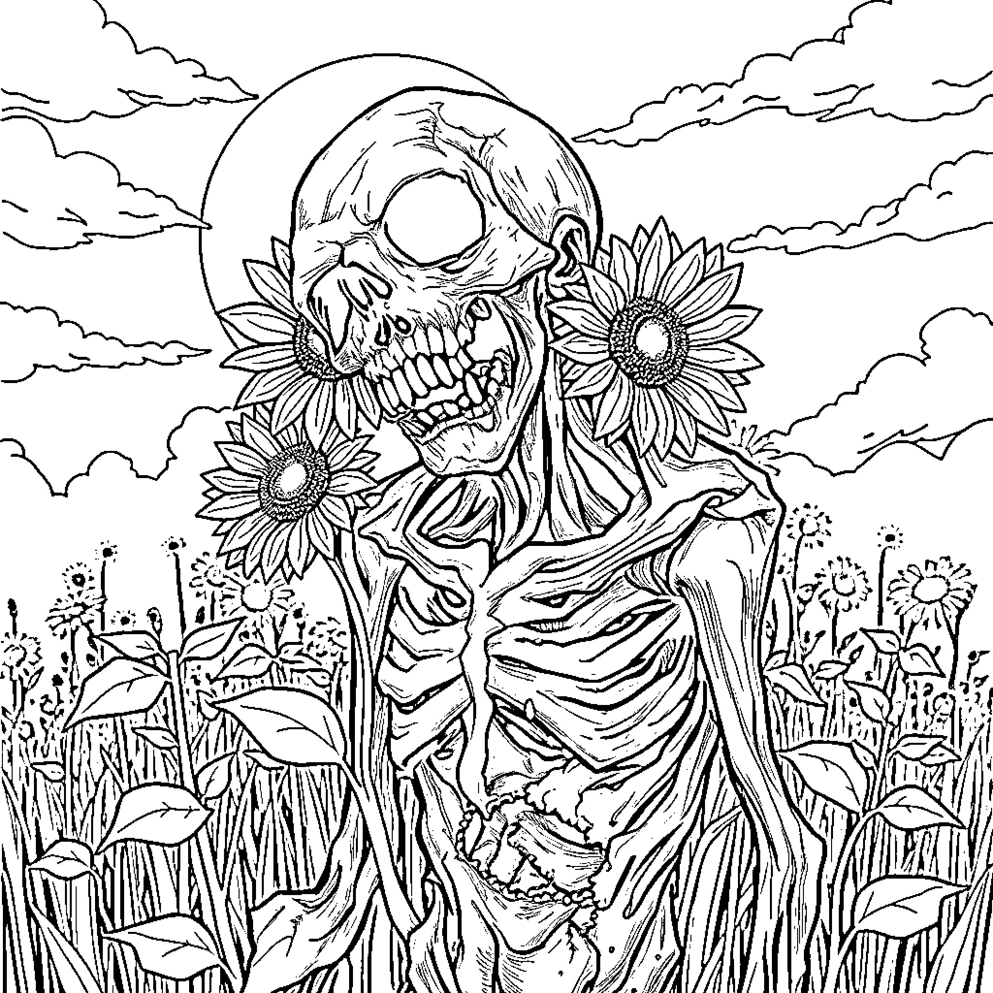 Zombie in a field of sunflowers and nature Coloring Page (free black-and-white line drawing printable PDF for all, from beginners to advanced learners, including children, teens, adults, and seniors)