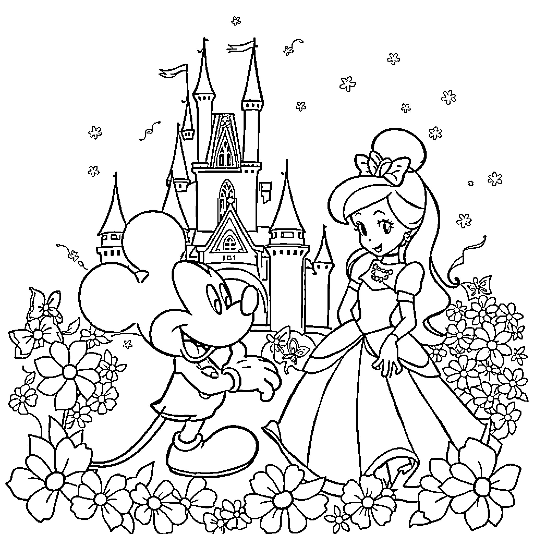 Disney Characters Exploring the Castle Grounds Coloring Page (free black-and-white line drawing printable PDF for all, from beginners to advanced learners, including children, teens, adults, and seniors)