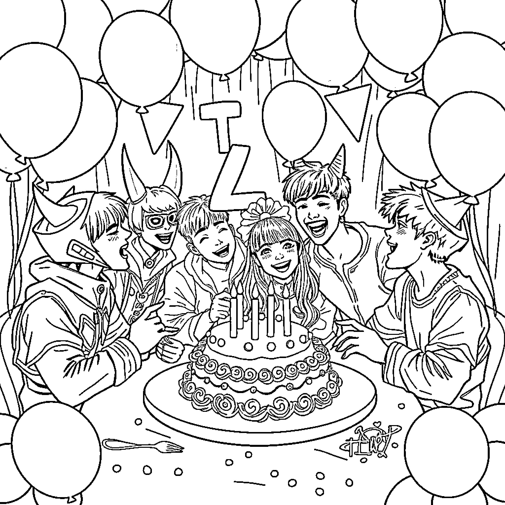 Demon Hunter's Birthday Celebration with Friends Coloring Page (free black-and-white line drawing printable PDF for all, from beginners to advanced learners, including children, teens, adults, and seniors)