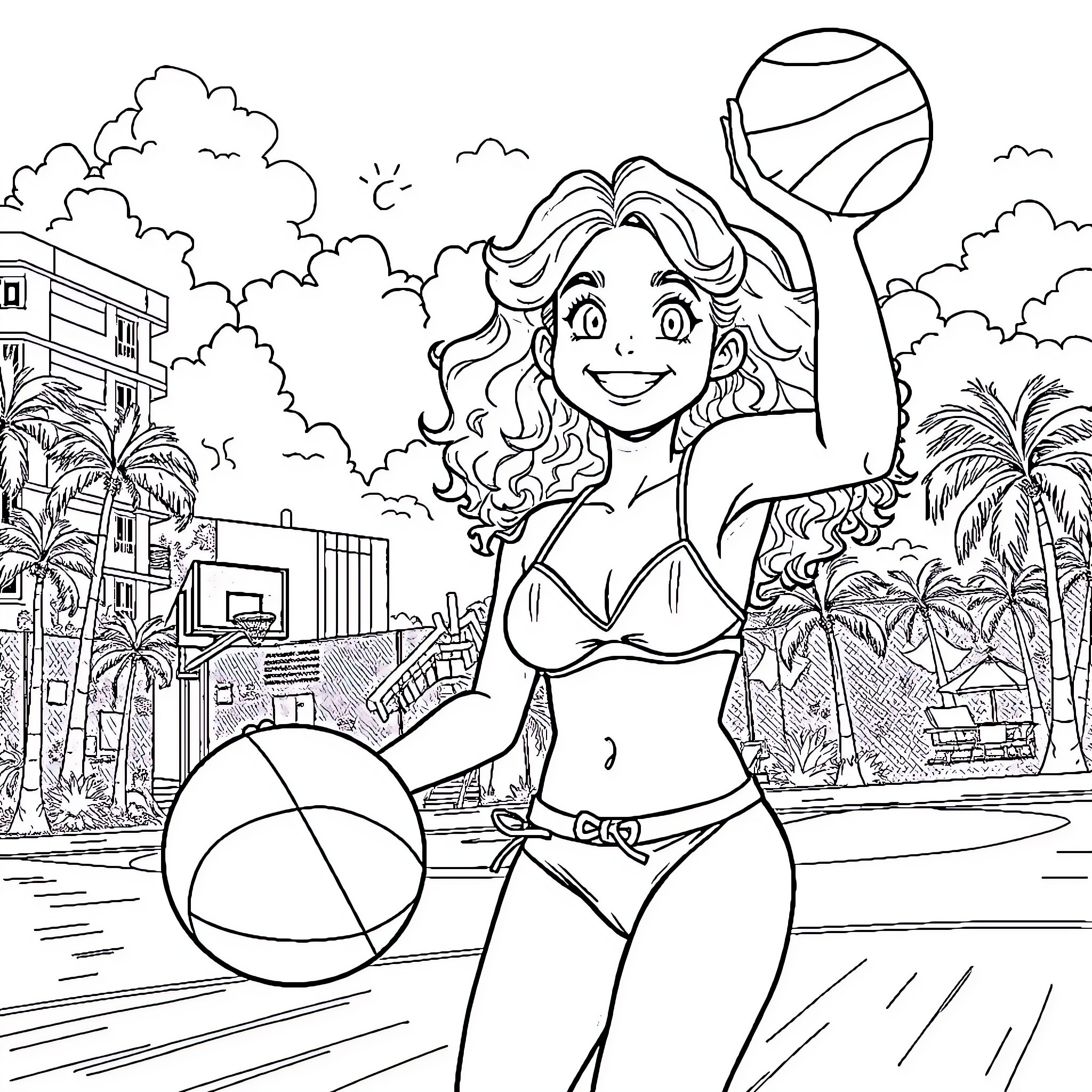 Girl playing volleyball on a sunny beach Coloring Page (free black-and-white line drawing printable PDF for all, from beginners to advanced learners, including children, teens, adults, and seniors)