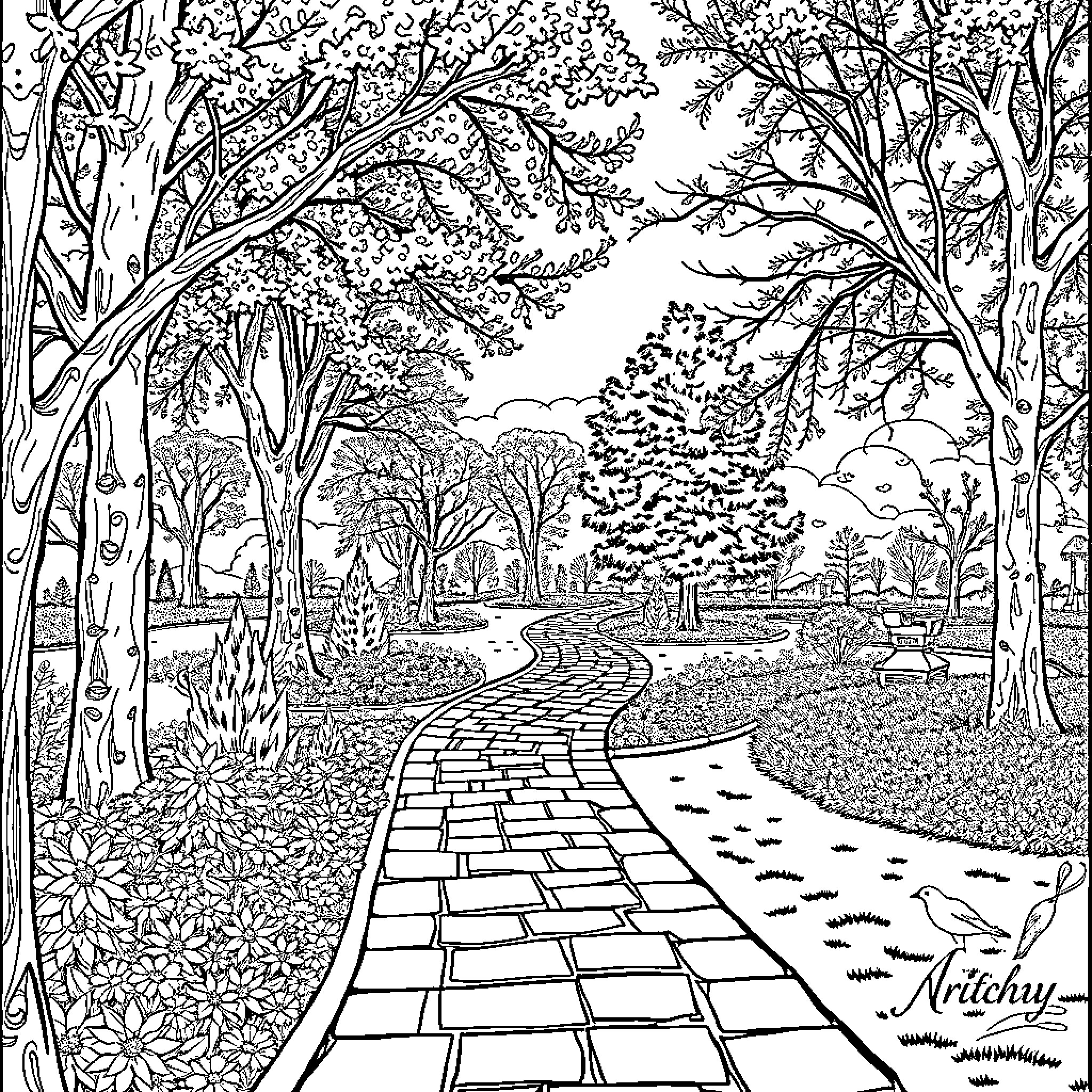 Nizhny Park: Serene Nature Stroll Coloring Page (free black-and-white line drawing printable PDF for all, from beginners to advanced learners, including children, teens, adults, and seniors)