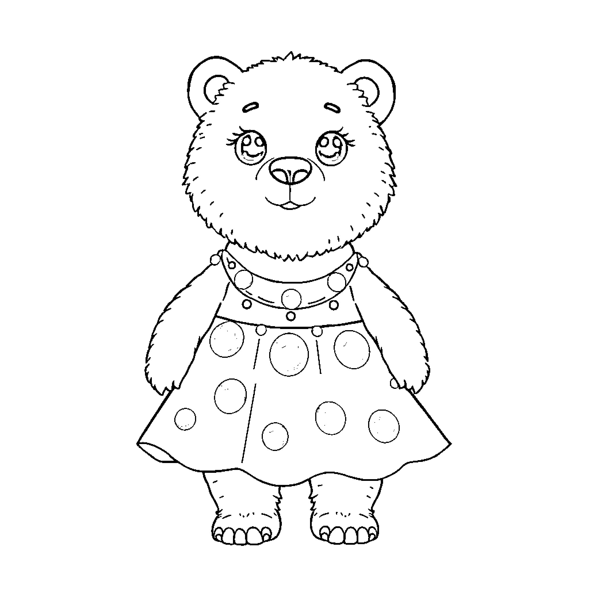 Oso the Friendly Bear in Polka Dot Outfit Coloring Page (free black-and-white line drawing printable PDF for all, from beginners to advanced learners, including children, teens, adults, and seniors)
