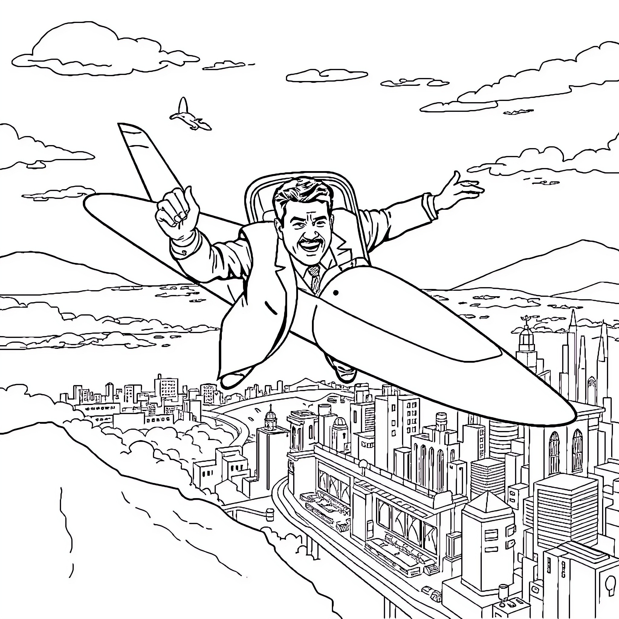 Nicolás Maduro flying over the city skyline Coloring Page (free black-and-white line drawing printable PDF for all, from beginners to advanced learners, including children, teens, adults, and seniors)