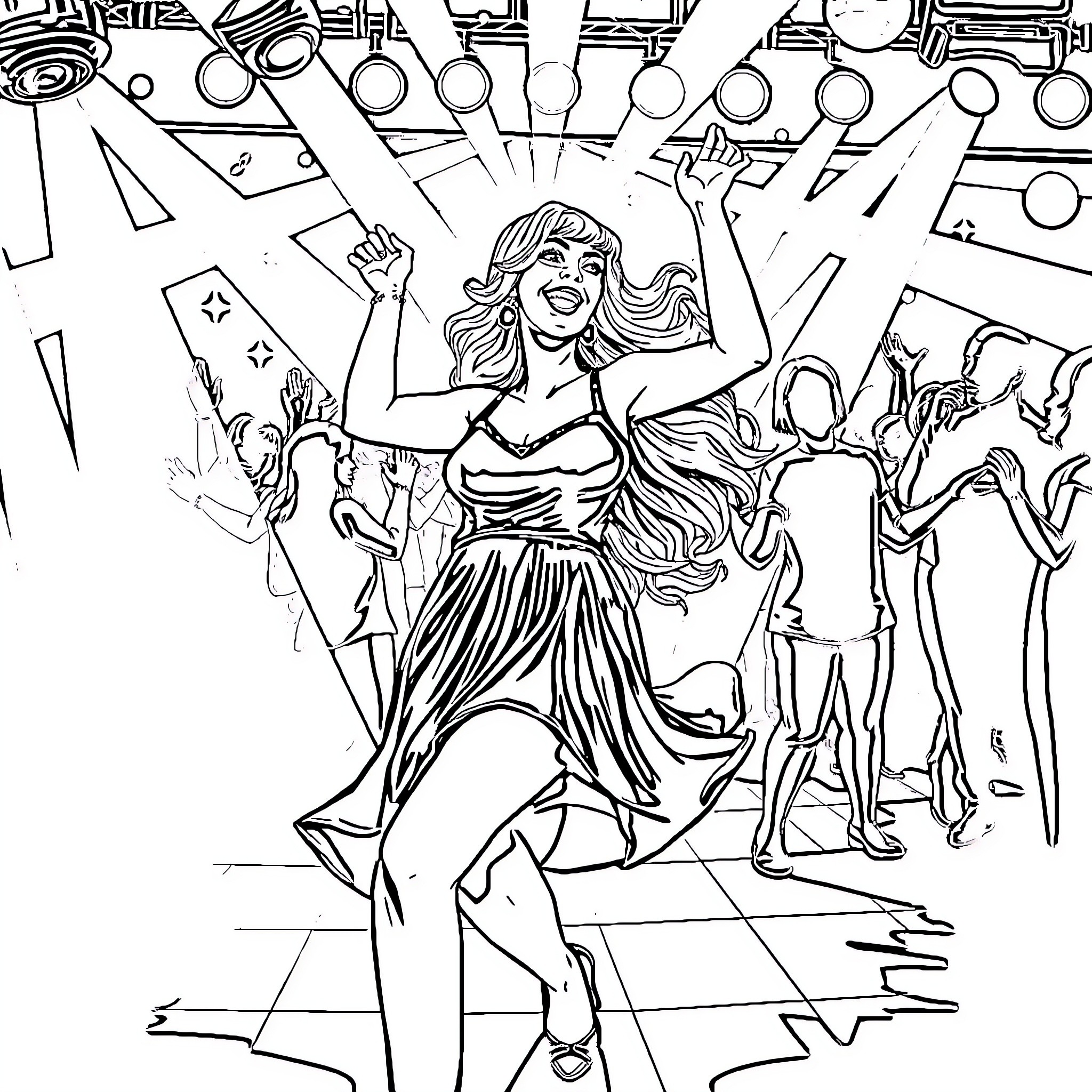Woman dancing joyfully in a lively scene Coloring Page (free black-and-white line drawing printable PDF for all, from beginners to advanced learners, including children, teens, adults, and seniors)