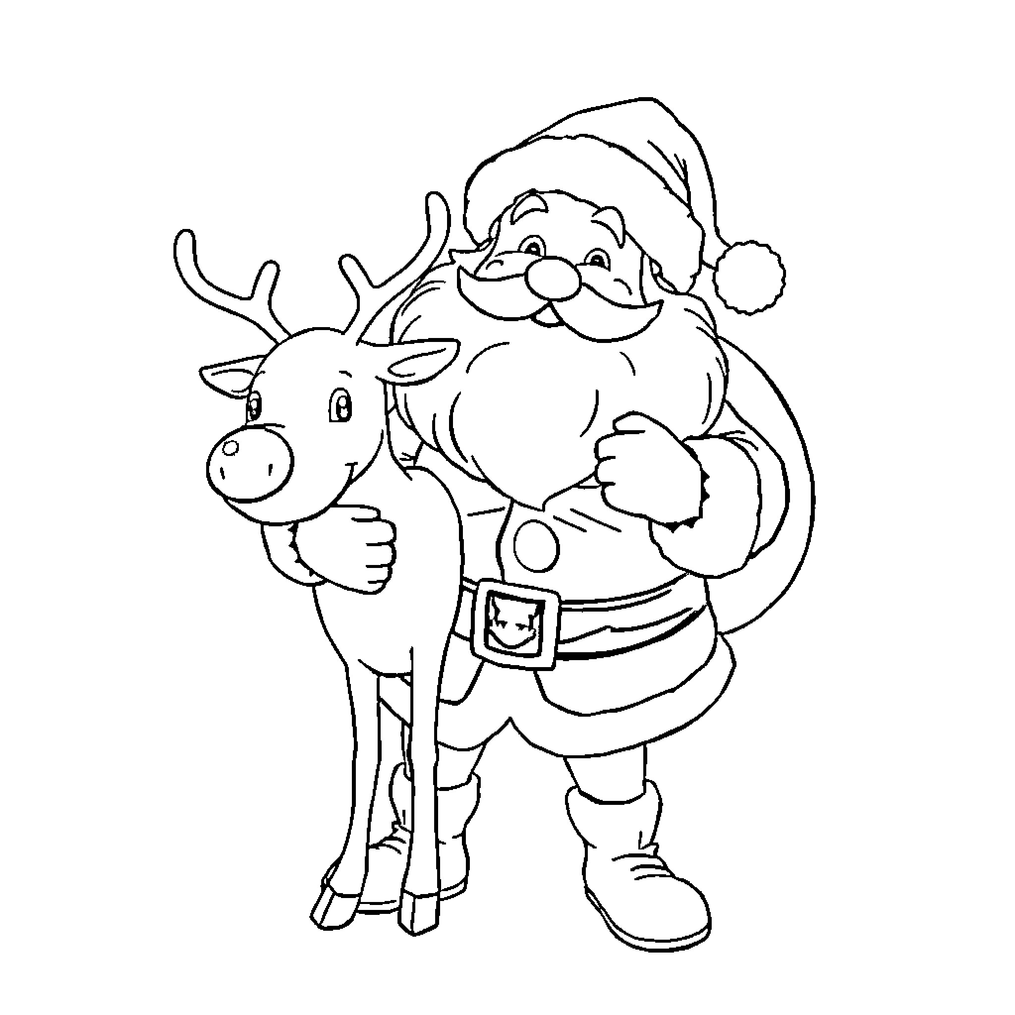 Santa and His Reindeer Friend Coloring Page (free black-and-white line drawing printable PDF for all, from beginners to advanced learners, including children, teens, adults, and seniors)