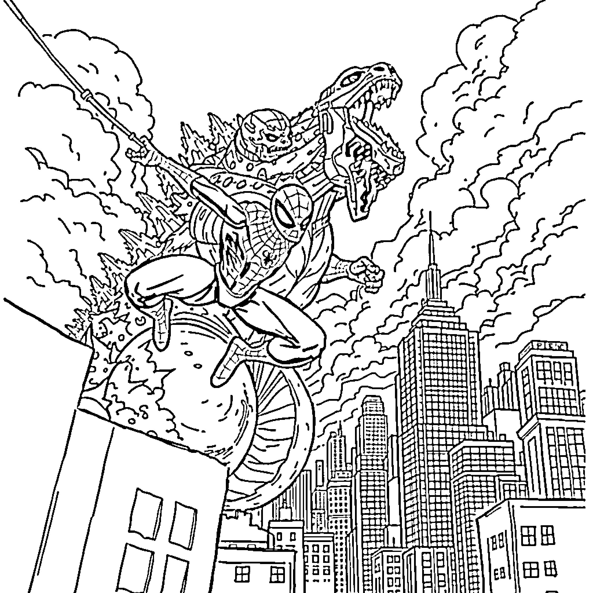 Spiderman swinging heroically through the city skyline Coloring Page (free black-and-white line drawing printable PDF for all, from beginners to advanced learners, including children, teens, adults, and seniors)
