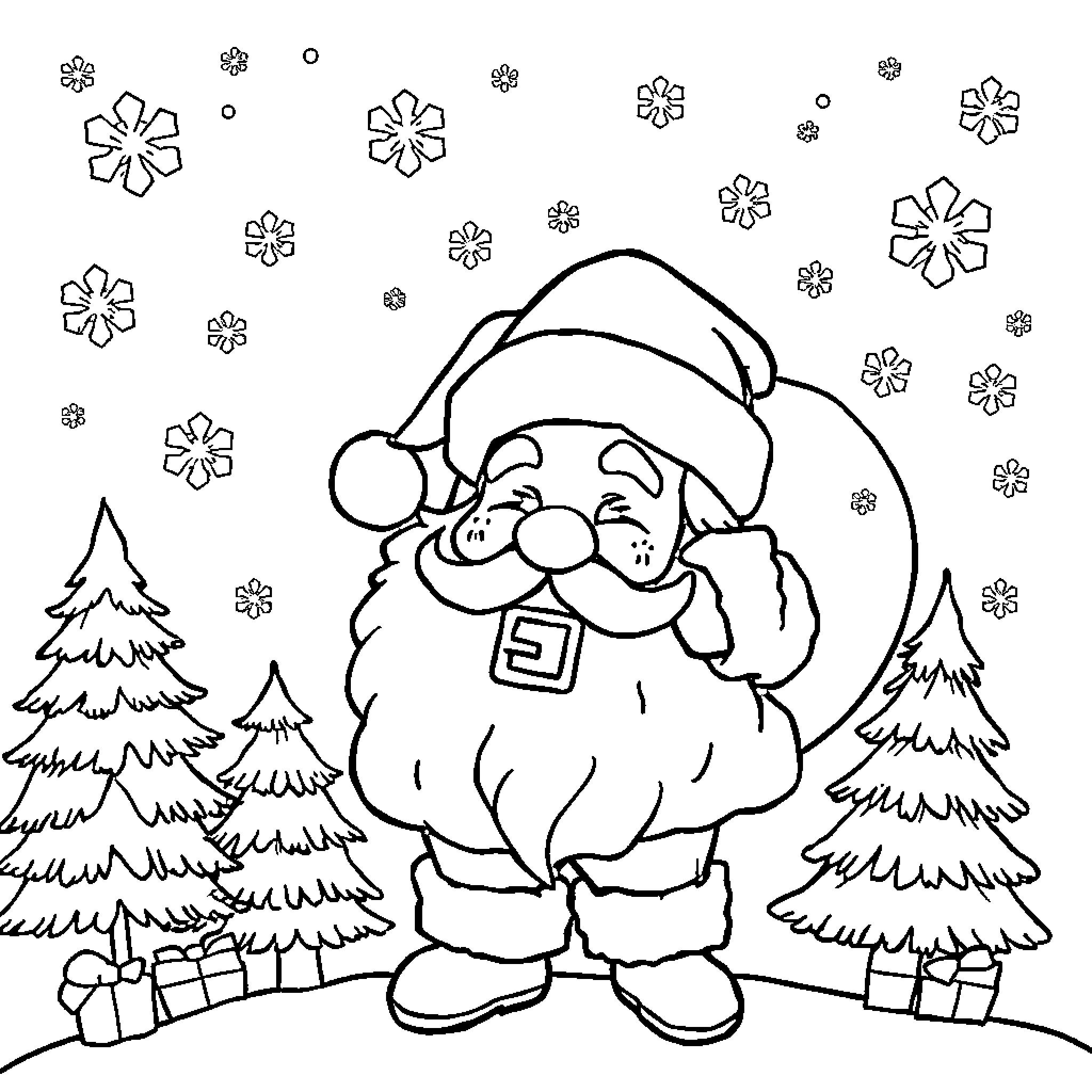 Santa Claus surrounded by snowy pine trees and gifts Coloring Page (free black-and-white line drawing printable PDF for all, from beginners to advanced learners, including children, teens, adults, and seniors)