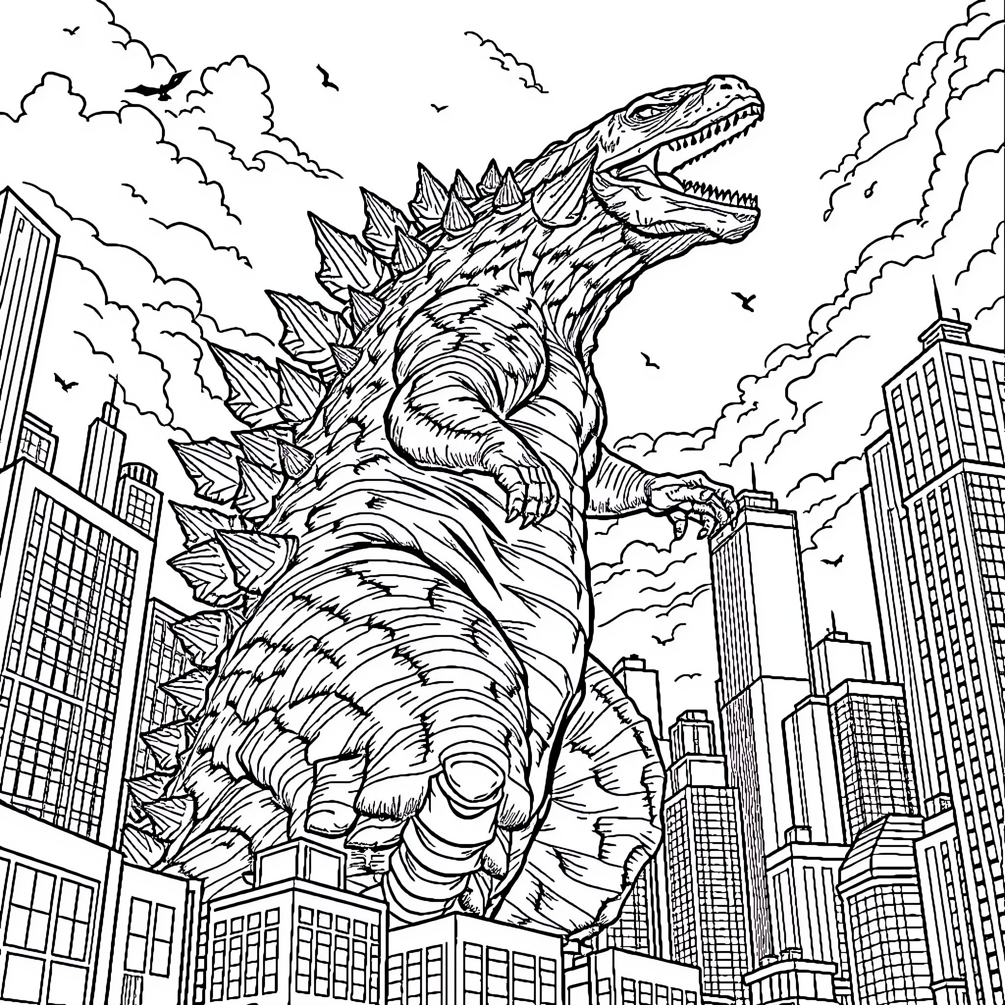 Godzilla rampaging through the city skyline Coloring Page (free black-and-white line drawing printable PDF for all, from beginners to advanced learners, including children, teens, adults, and seniors)