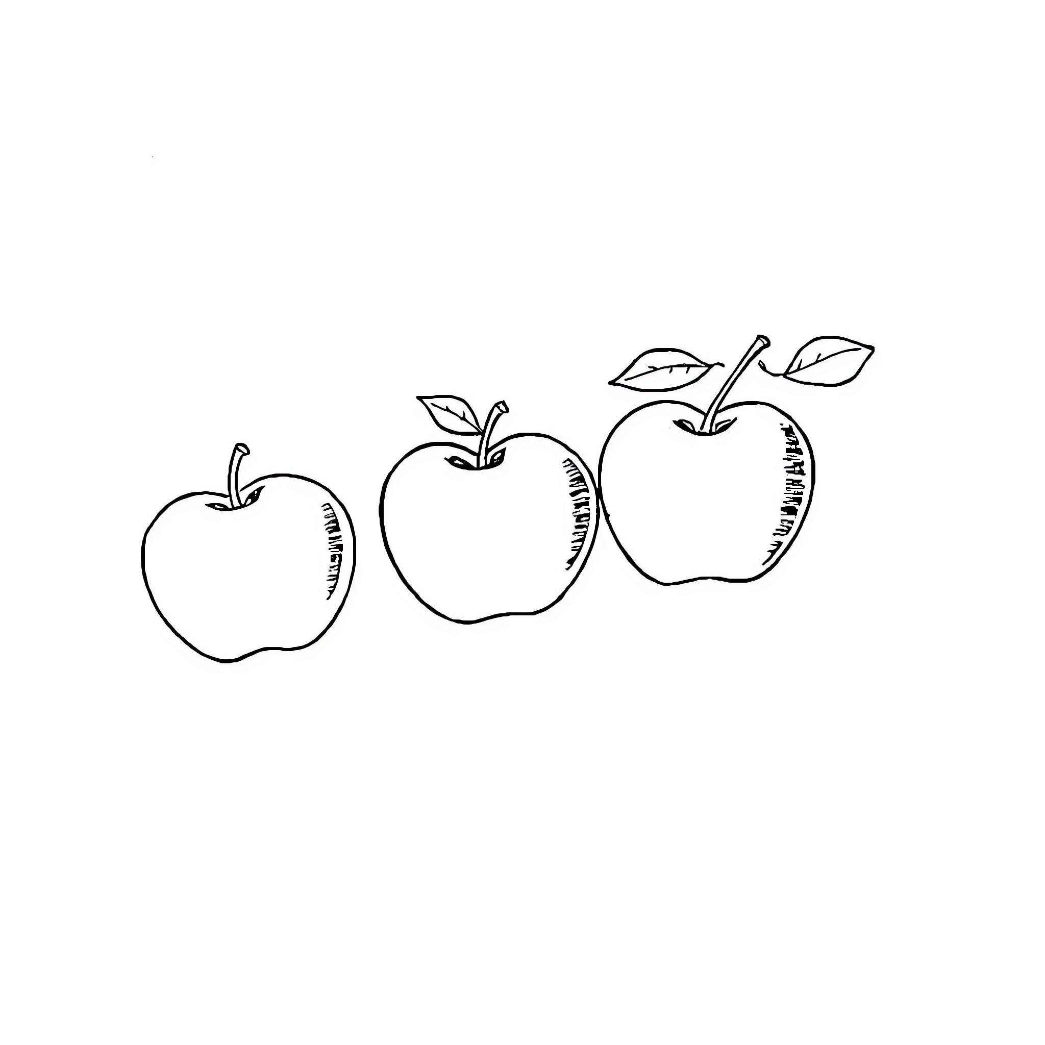 Letter A: Outline of three apples Coloring Page (free black-and-white line drawing printable PDF for all, from beginners to advanced learners, including children, teens, adults, and seniors)