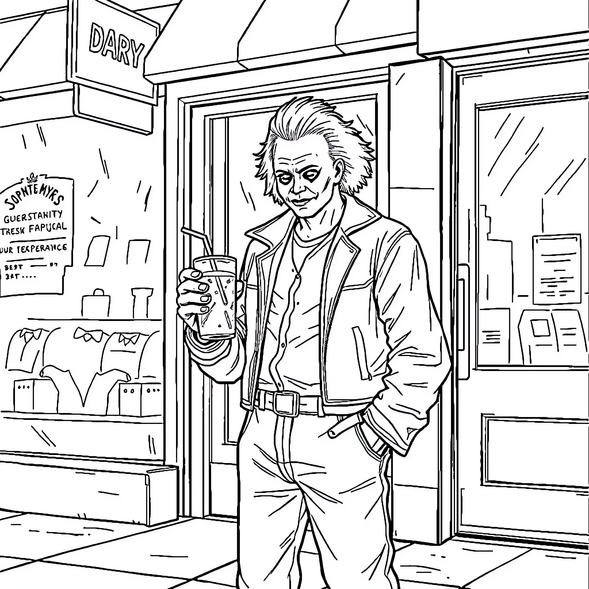 Michael Myers in a Convenience Store Coloring Page (free black-and-white line drawing printable PDF for all, from beginners to advanced learners, including children, teens, adults, and seniors)