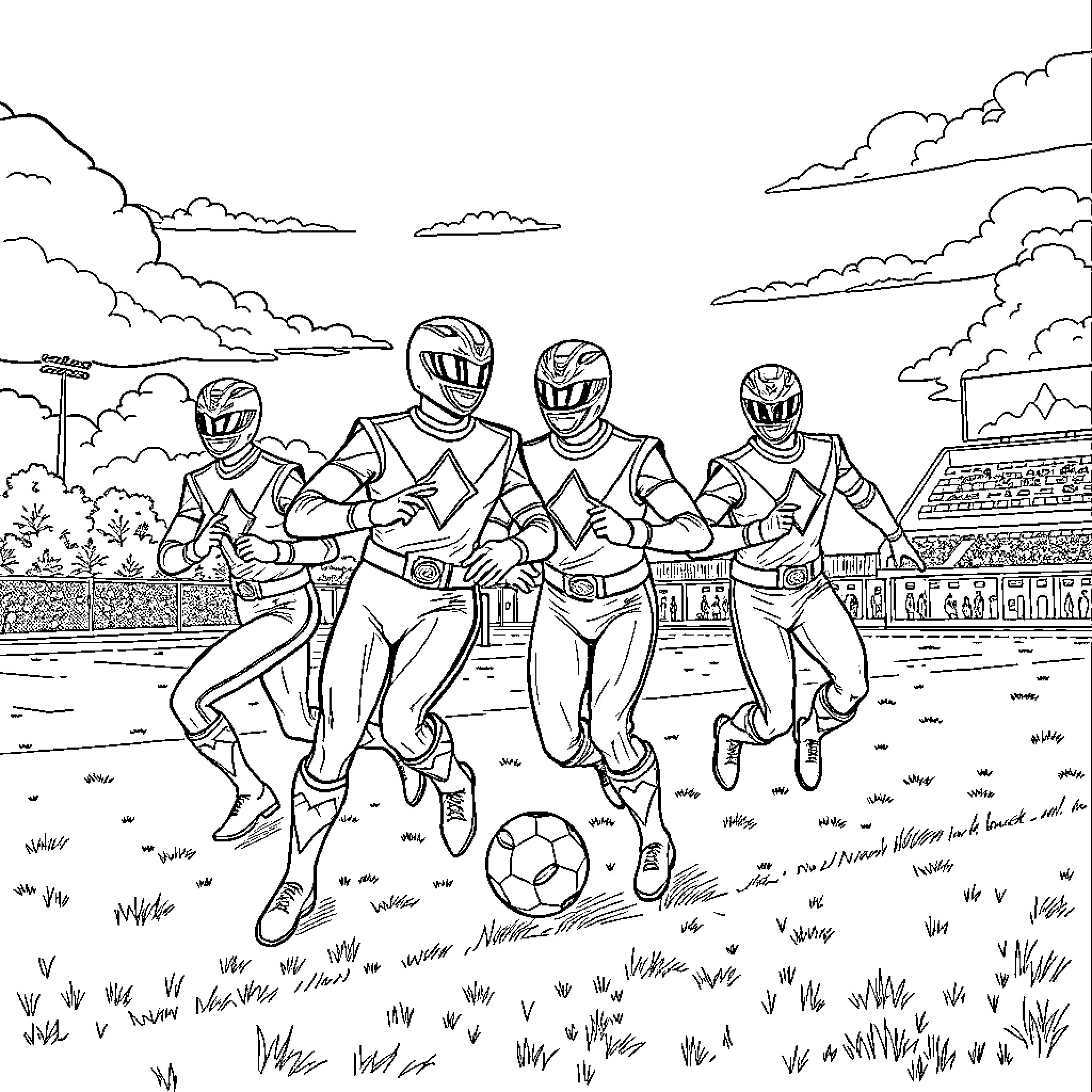 Power Rangers in Action on the Soccer Field Coloring Page (free black-and-white line drawing printable PDF for all, from beginners to advanced learners, including children, teens, adults, and seniors)