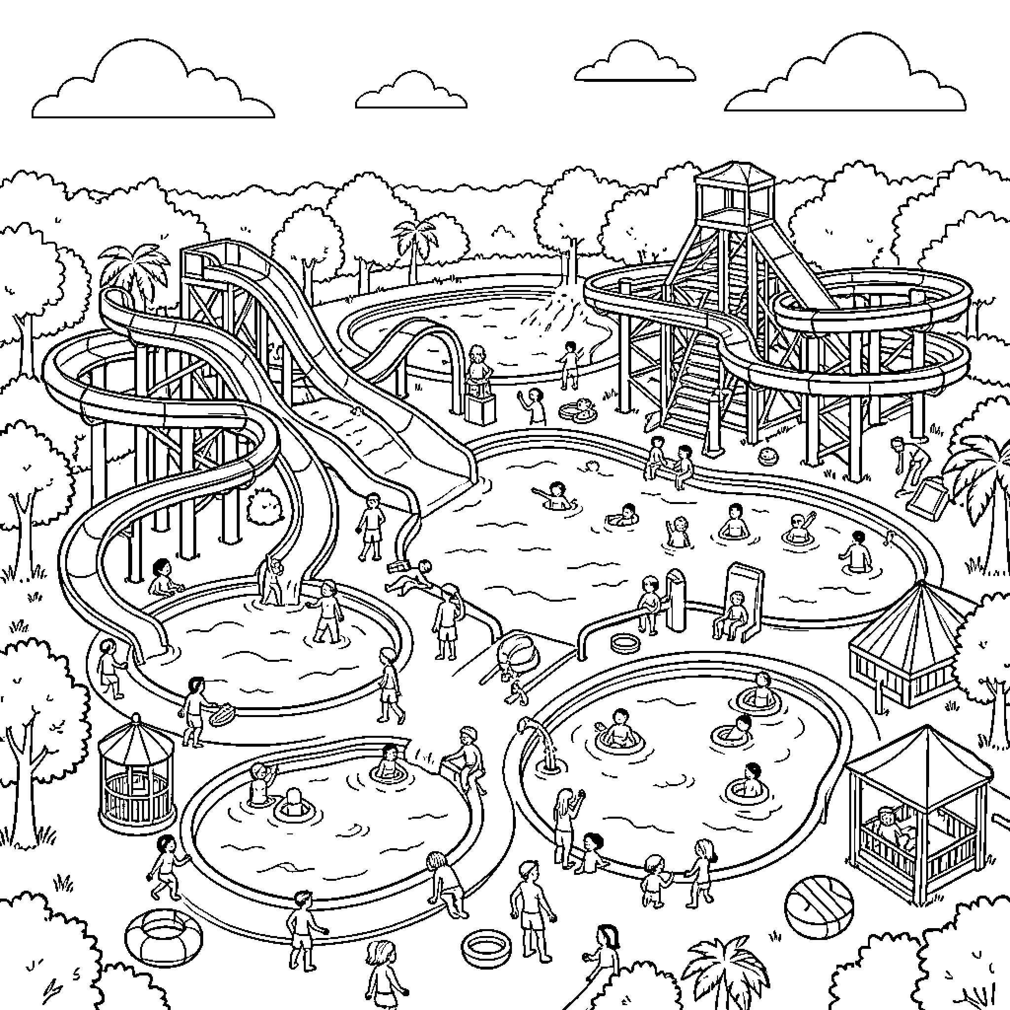 Water Park with children playing and sliding Coloring Page (free black-and-white line drawing printable PDF for all, from beginners to advanced learners, including children, teens, adults, and seniors)