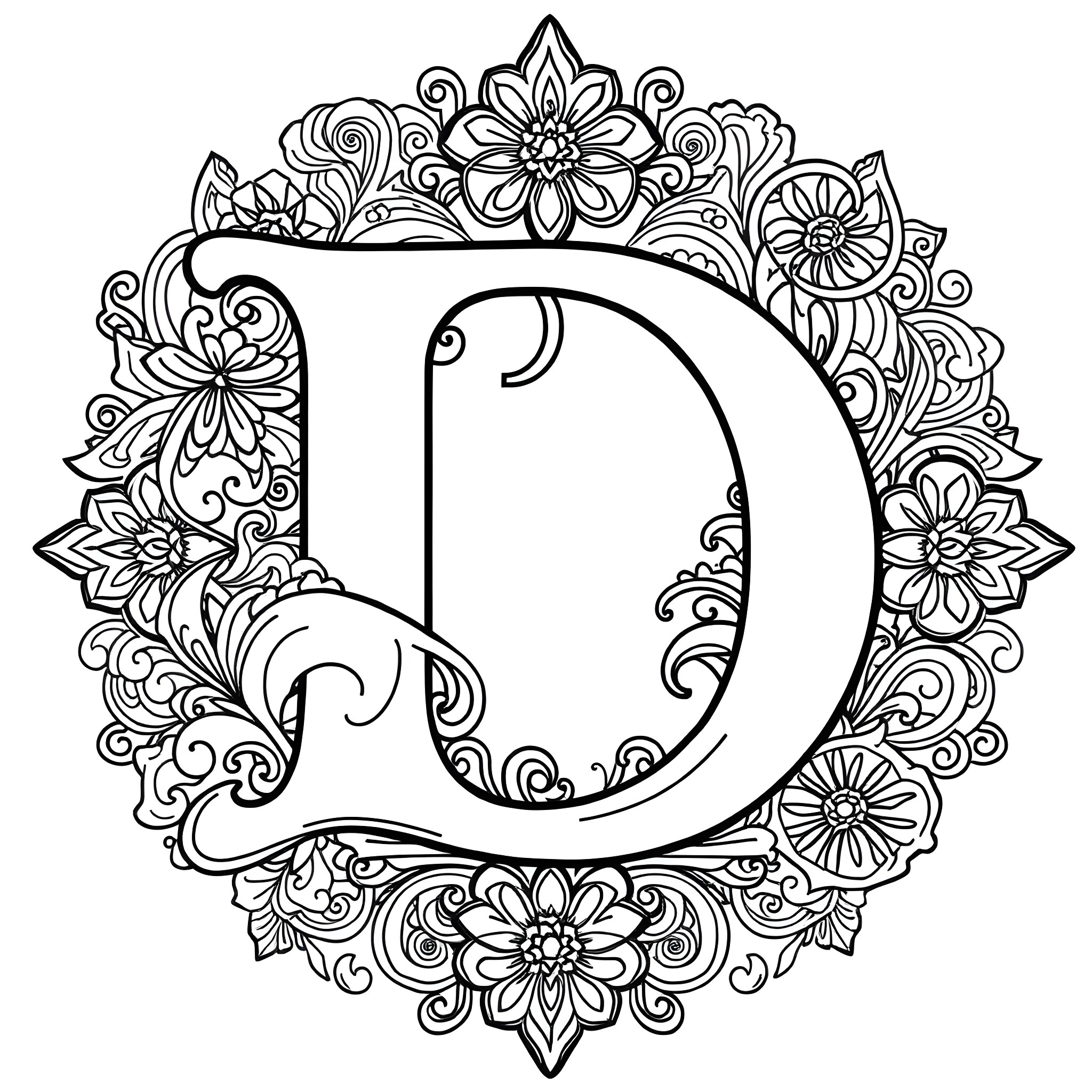 Decorative Floral Letter D Design Coloring Page (free black-and-white line drawing printable PDF for all, from beginners to advanced learners, including children, teens, adults, and seniors)
