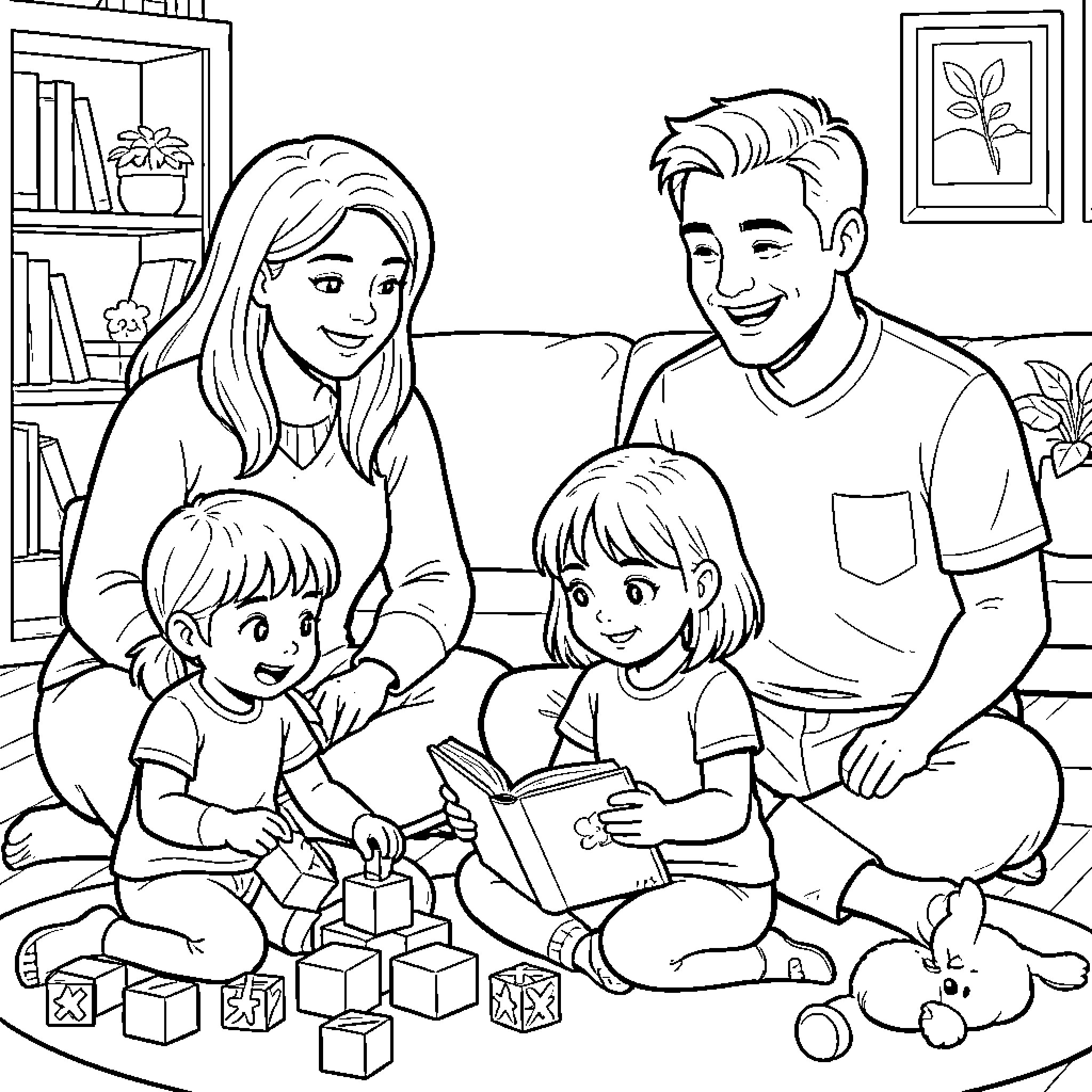 Family playing together with books and toy blocks Coloring Page (free black-and-white line drawing printable PDF for all, from beginners to advanced learners, including children, teens, adults, and seniors)