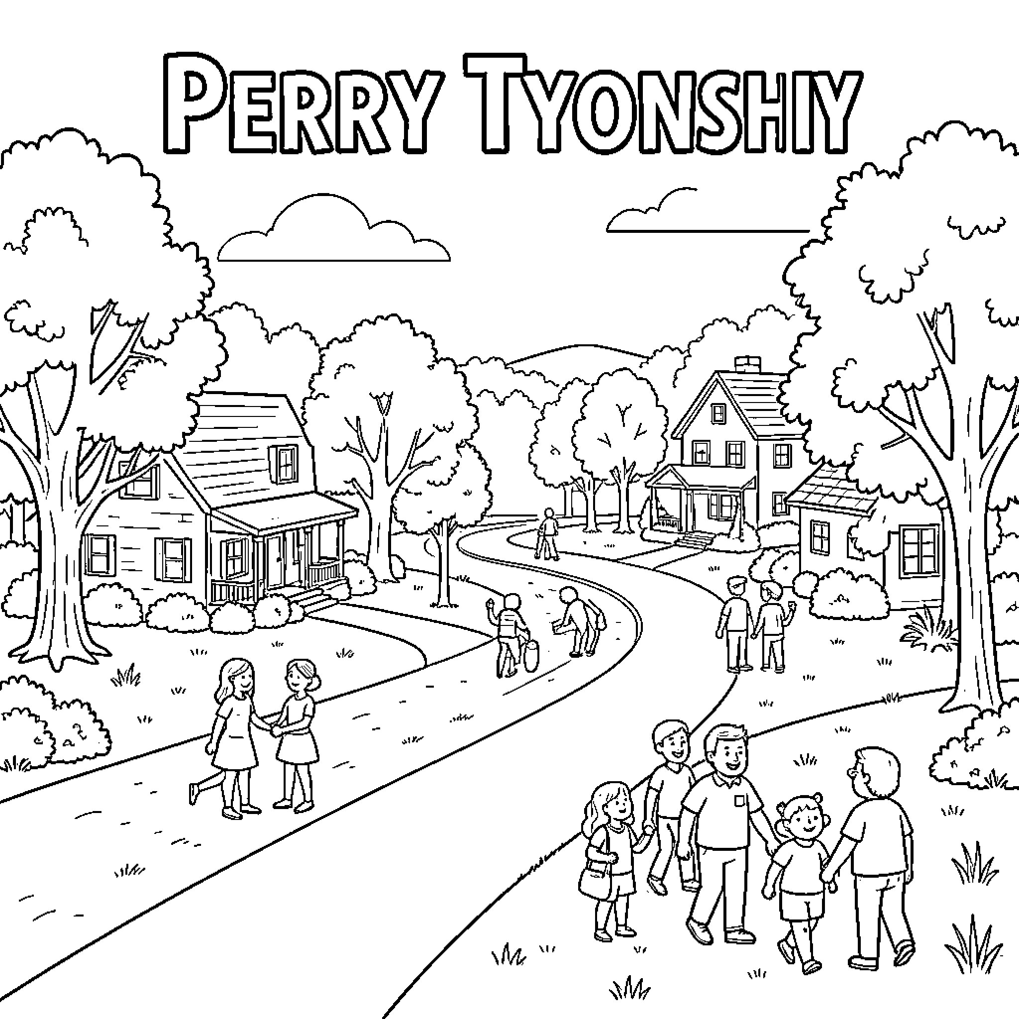 Perry Township residents walking along a peaceful suburban street Coloring Page (free black-and-white line drawing printable PDF for all, from beginners to advanced learners, including children, teens, adults, and seniors)