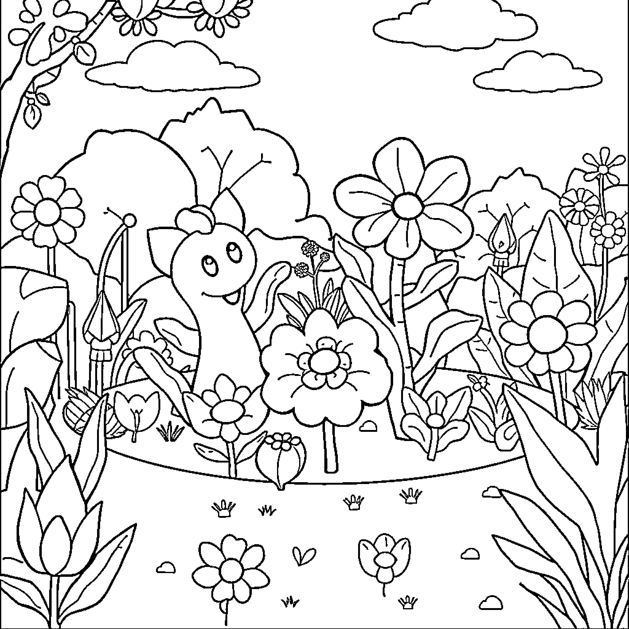 Plant characters in a floral garden scene Coloring Page (free black-and-white line drawing printable PDF for all, from beginners to advanced learners, including children, teens, adults, and seniors)