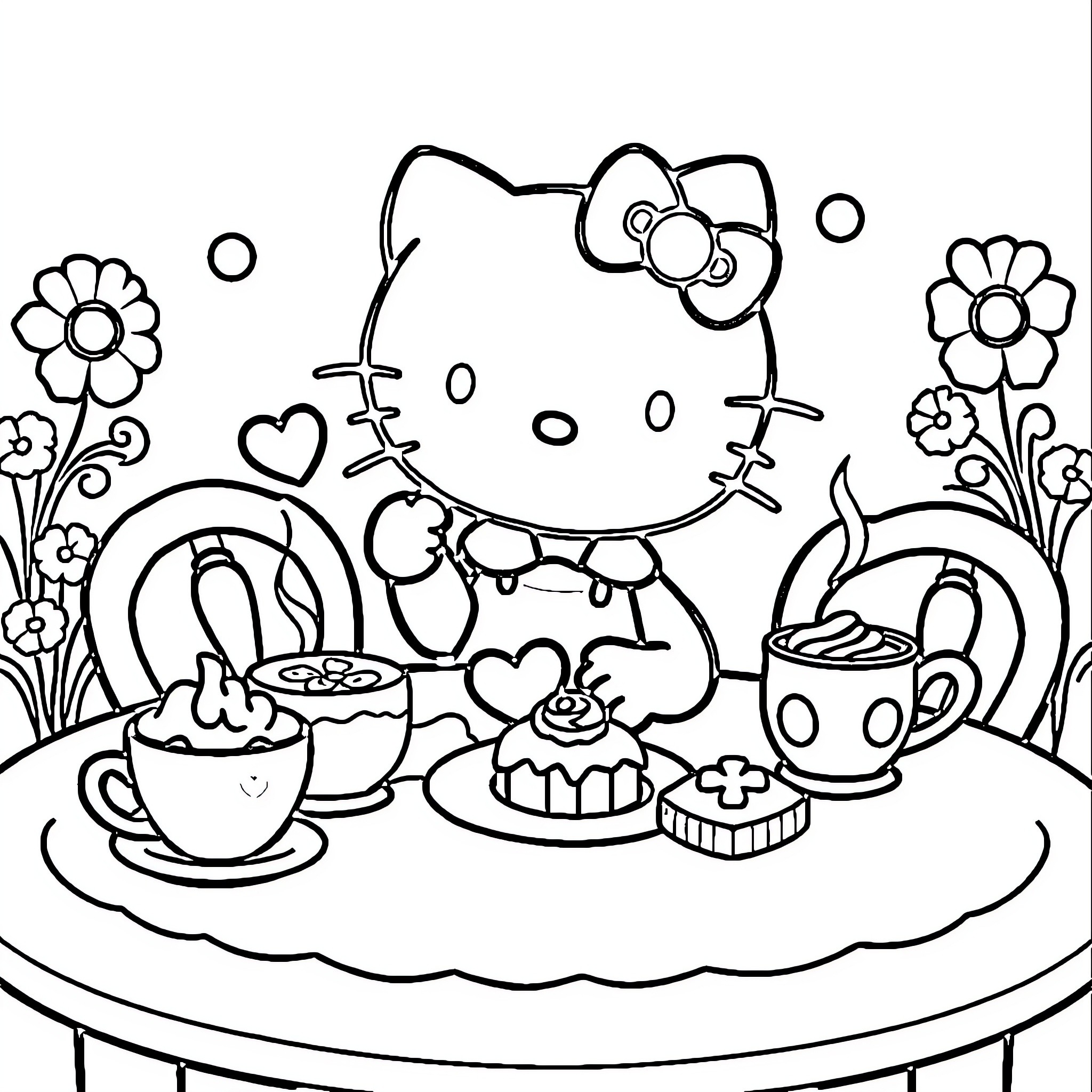 Hello Kitty enjoying a delightful tea party Coloring Page (free black-and-white line drawing printable PDF for all, from beginners to advanced learners, including children, teens, adults, and seniors)