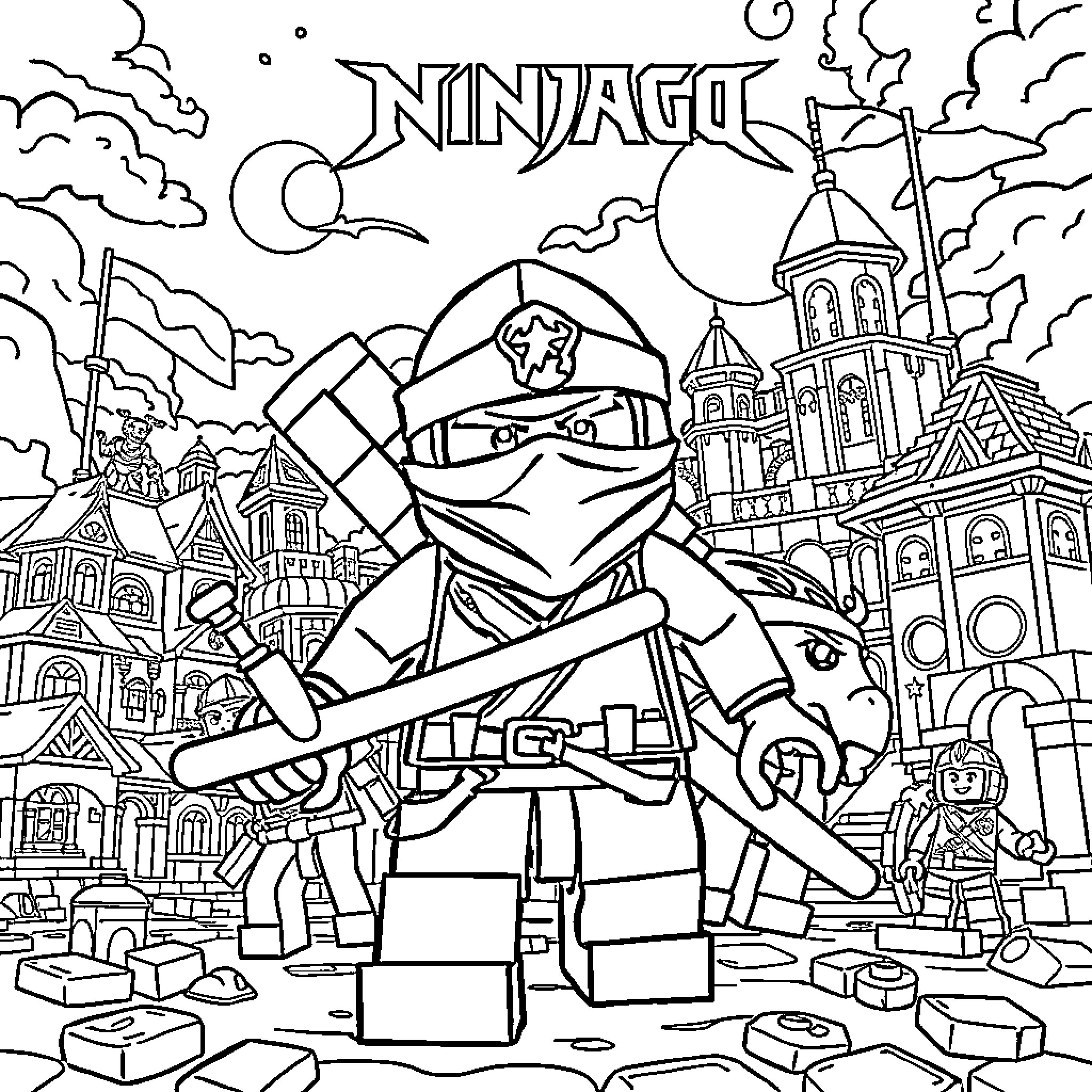 Ninjago: Ninja Warriors in an Enchanted City Coloring Page (free black-and-white line drawing printable PDF for all, from beginners to advanced learners, including children, teens, adults, and seniors)