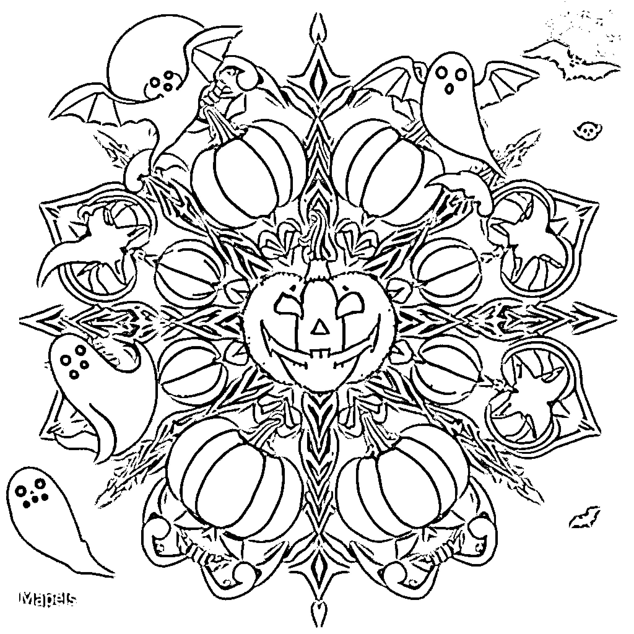 Mandalas of Halloween Motifs and Decorations Coloring Page (free black-and-white line drawing printable PDF for all, from beginners to advanced learners, including children, teens, adults, and seniors)