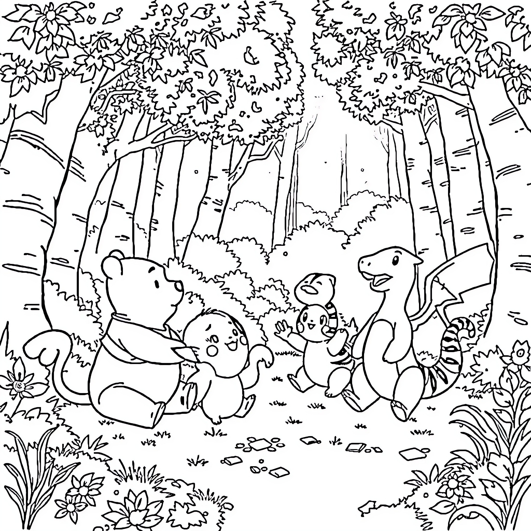 Winnie The Pooh and Friends Exploring the Enchanted Forest Coloring Page (free black-and-white line drawing printable PDF for all, from beginners to advanced learners, including children, teens, adults, and seniors)