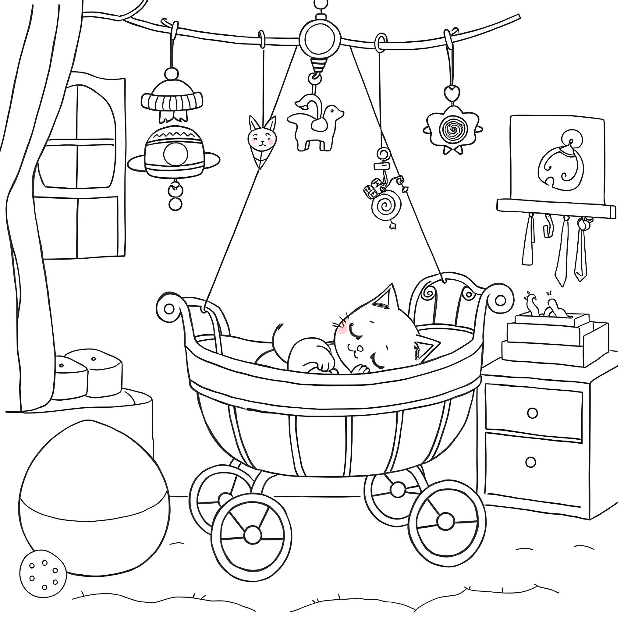 Cat sleeping peacefully in a baby carriage Coloring Page (free black-and-white line drawing printable PDF for all, from beginners to advanced learners, including children, teens, adults, and seniors)