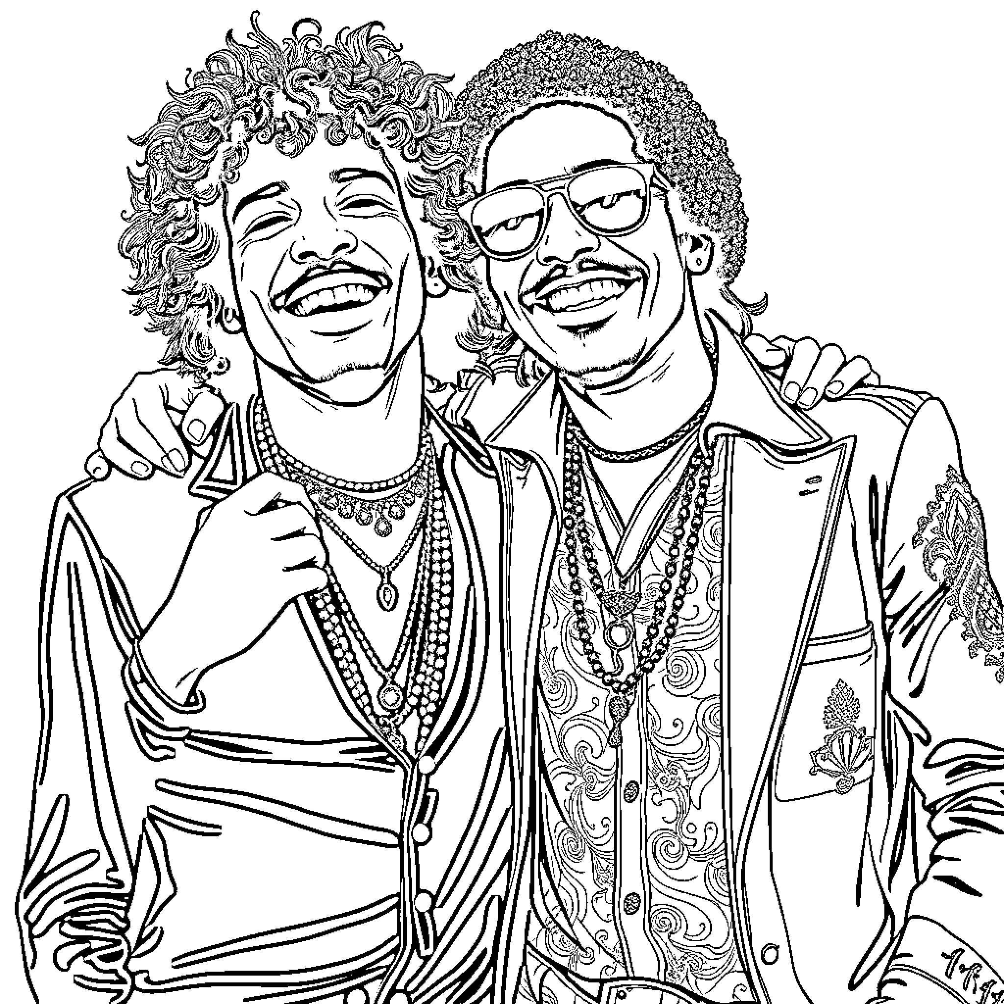 Jimi Hendrix and his bandmate share a cheerful moment Coloring Page (free black-and-white line drawing printable PDF for all, from beginners to advanced learners, including children, teens, adults, and seniors)