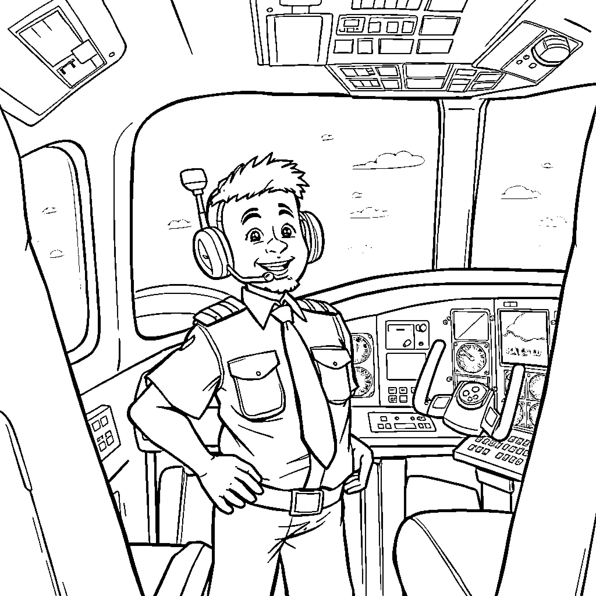 Karibu aboard the flight deck Coloring Page (free black-and-white line drawing printable PDF for all, from beginners to advanced learners, including children, teens, adults, and seniors)
