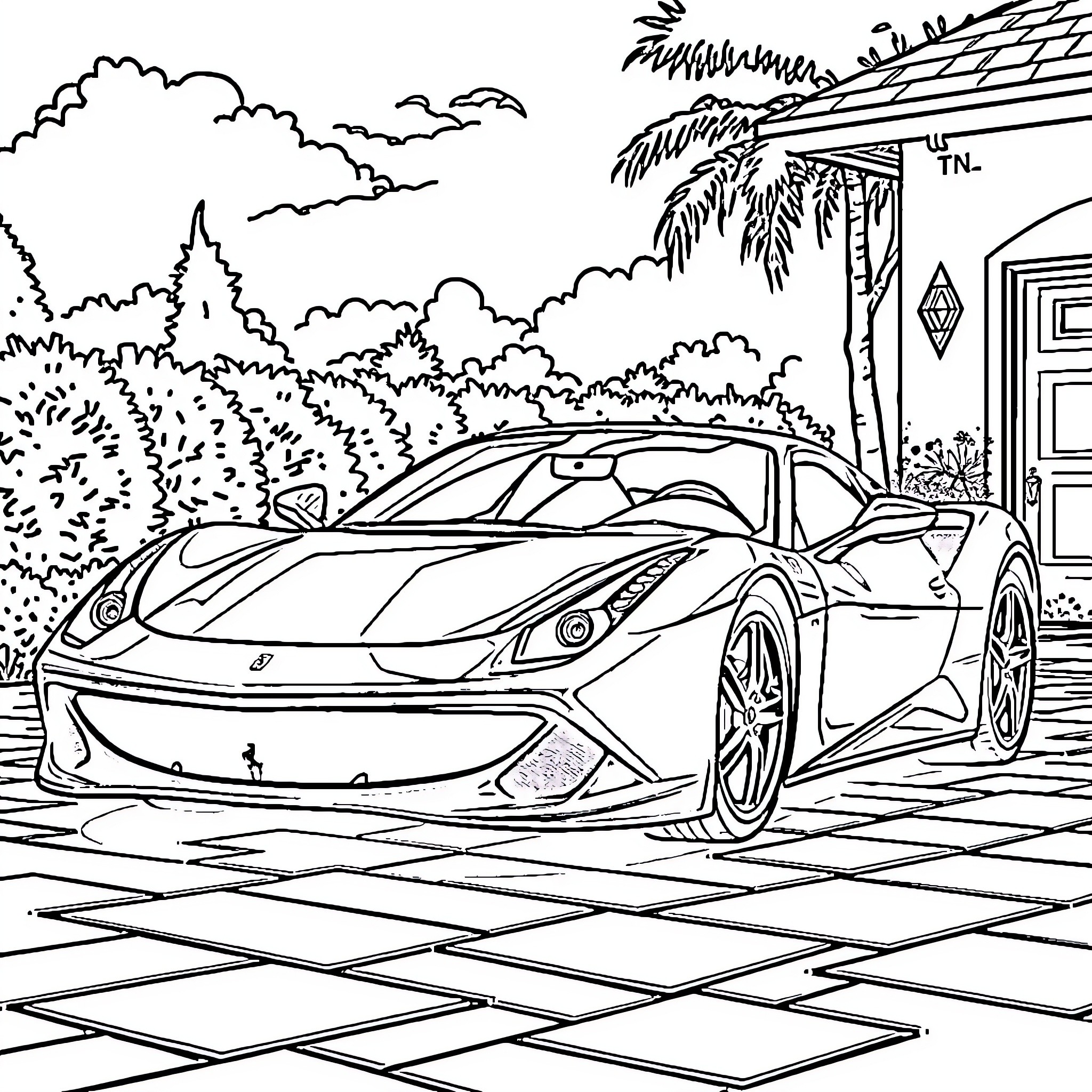 Ferrari in an exotic tropical landscape Coloring Page (free black-and-white line drawing printable PDF for all, from beginners to advanced learners, including children, teens, adults, and seniors)